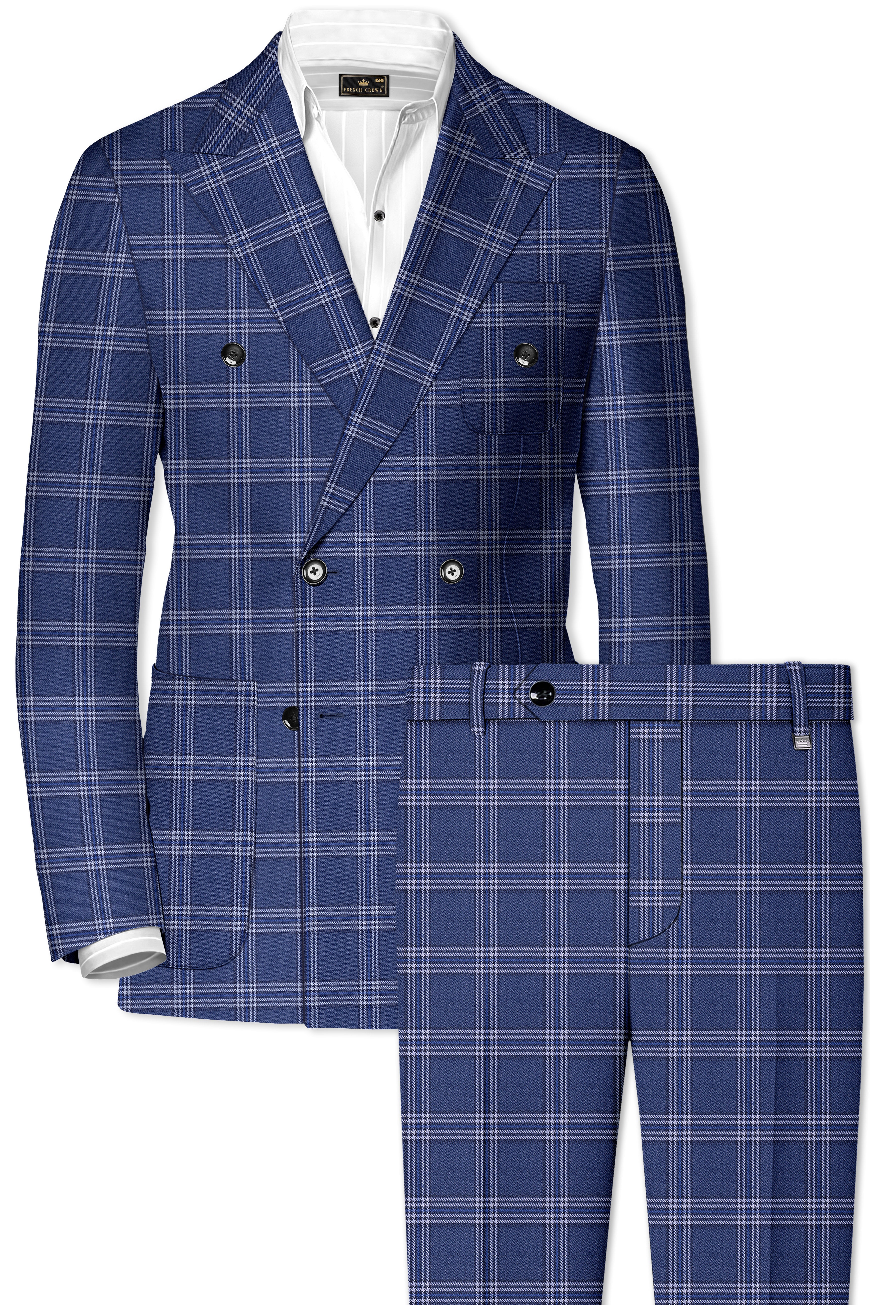 Cloud Blue and White Plaid Tweed Double Breasted Suit