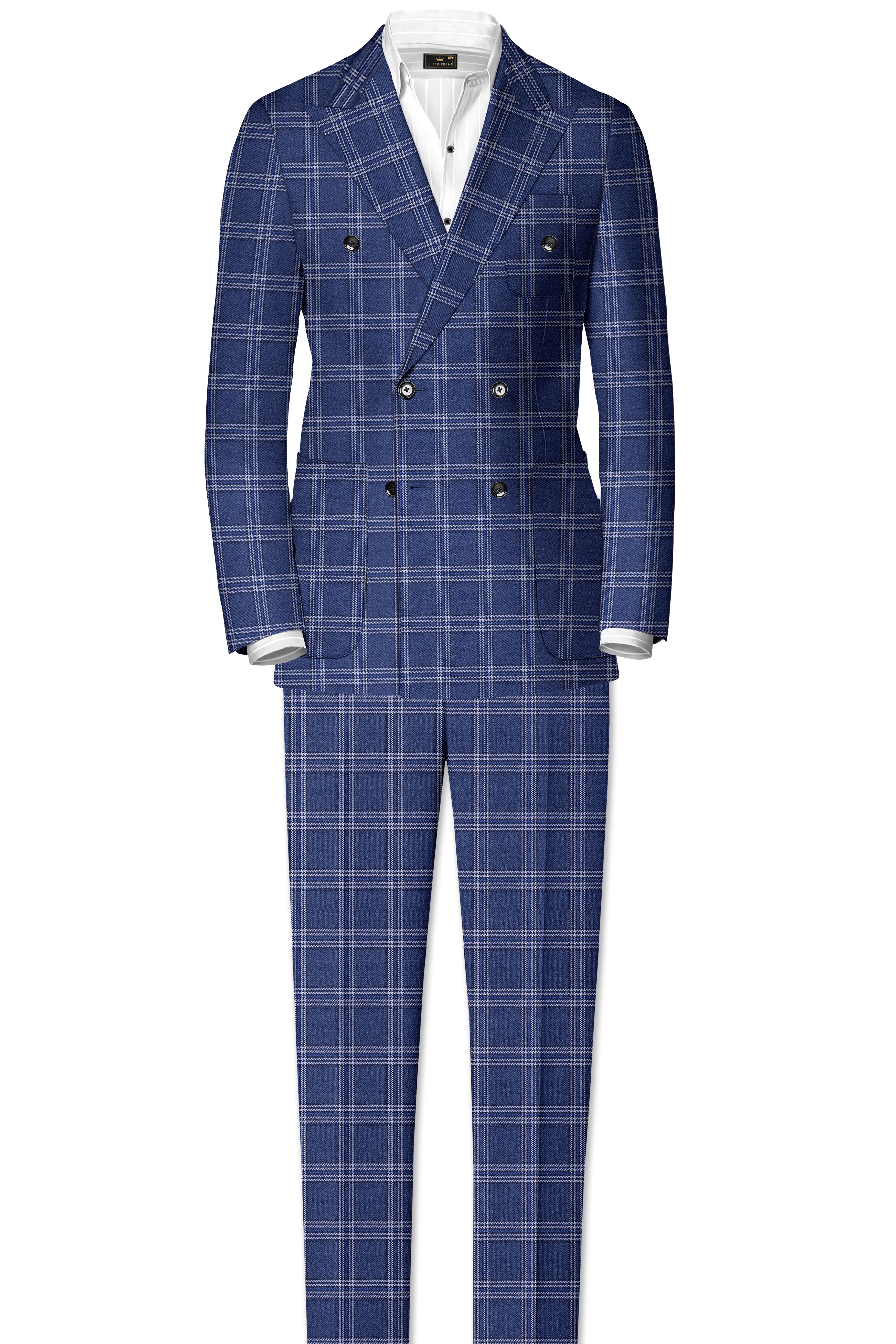Cloud Blue and White Plaid Tweed Double Breasted Suit