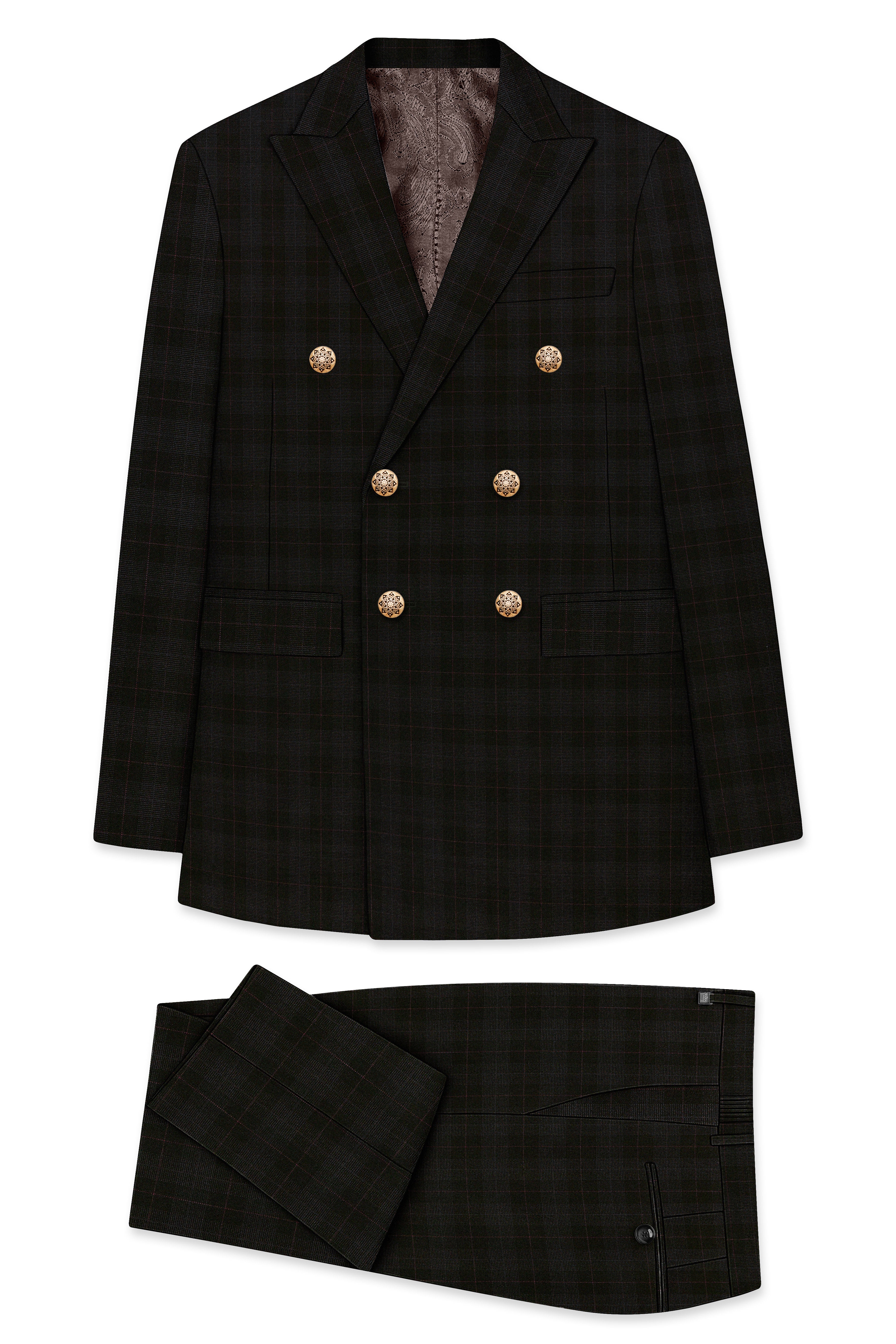 Onyx Black Subtle Plaid Wool rich Double Breasted Suit