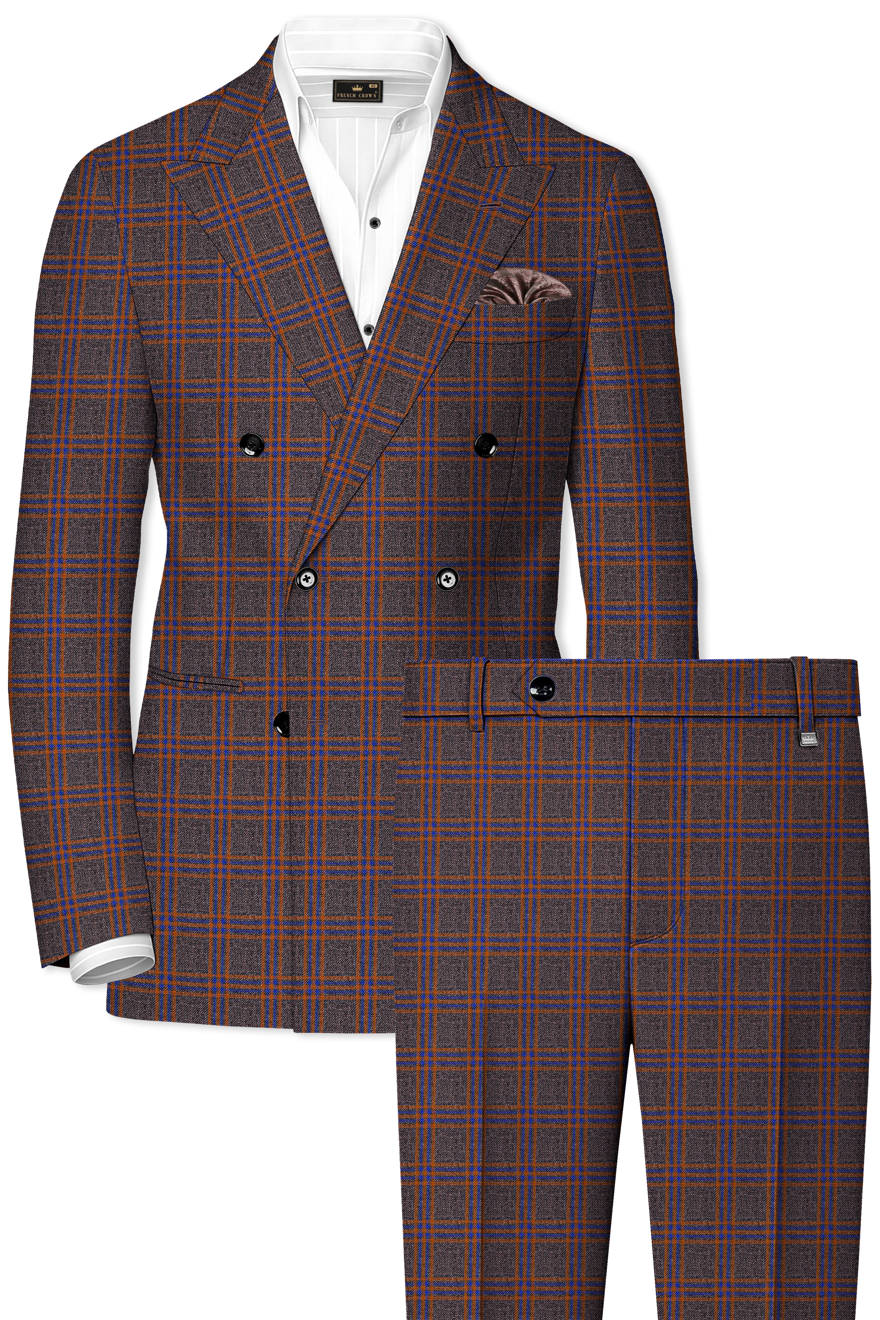 Emperor Gray and Russet Brown Plaid Tweed Double Breasted Suit
