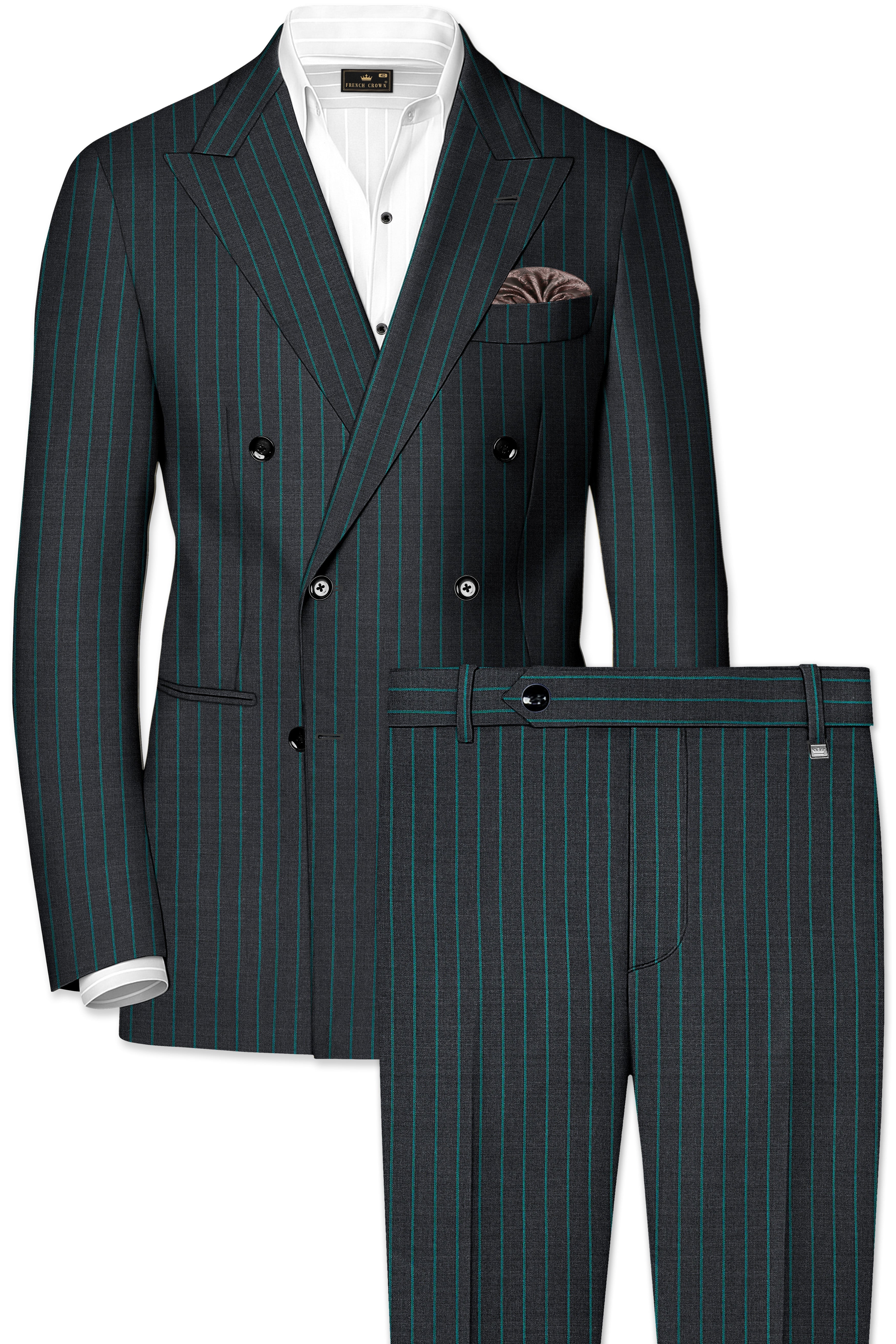 【完売品】FLARE DOUBLE-BREASTED STRIPED SUIT Gravel Gray and Lagoon Blue Stripes Premium Wool Blend Double