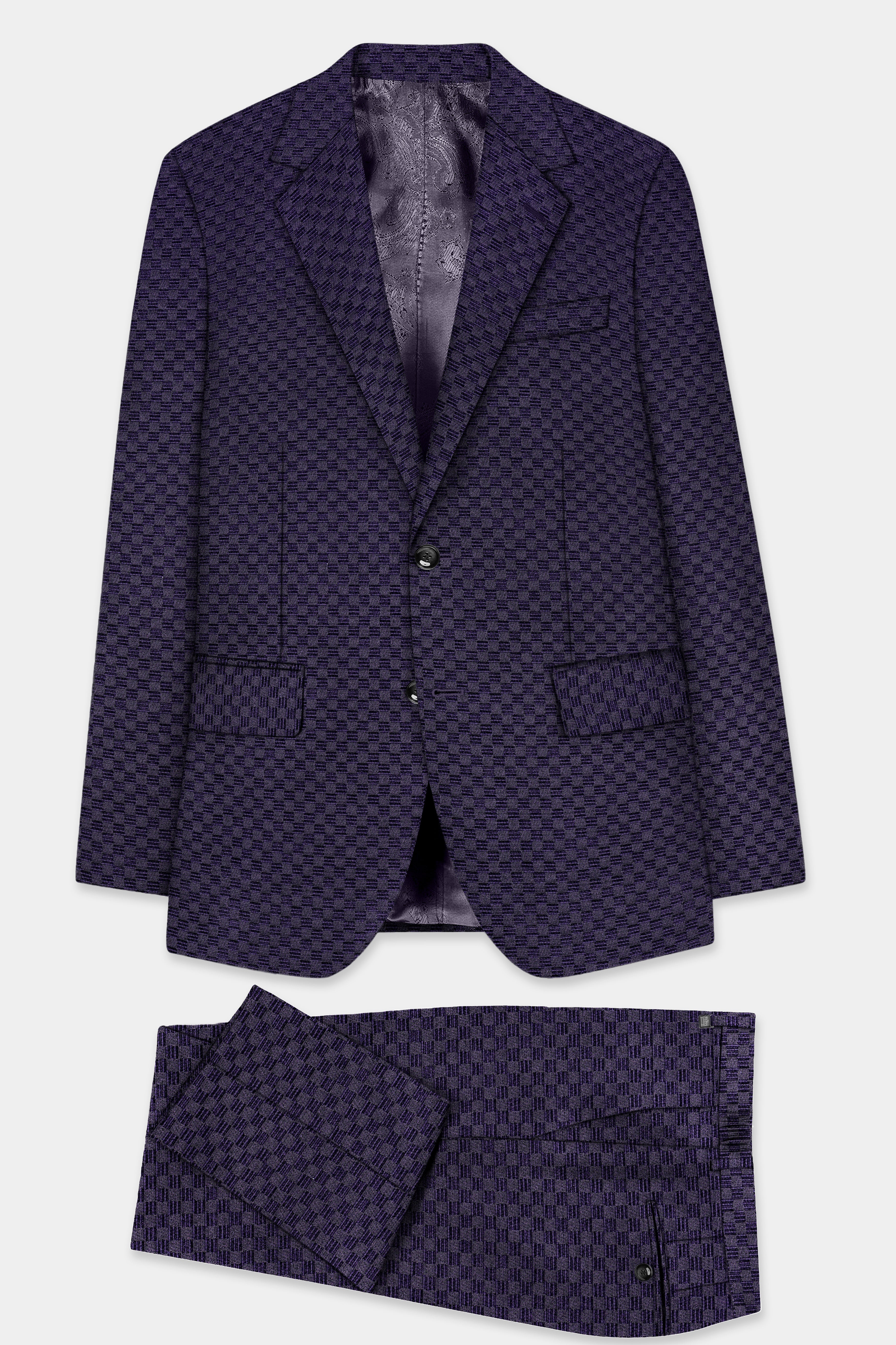 Ebony Purple Checkerboard Jacquard Textured Designer Suit