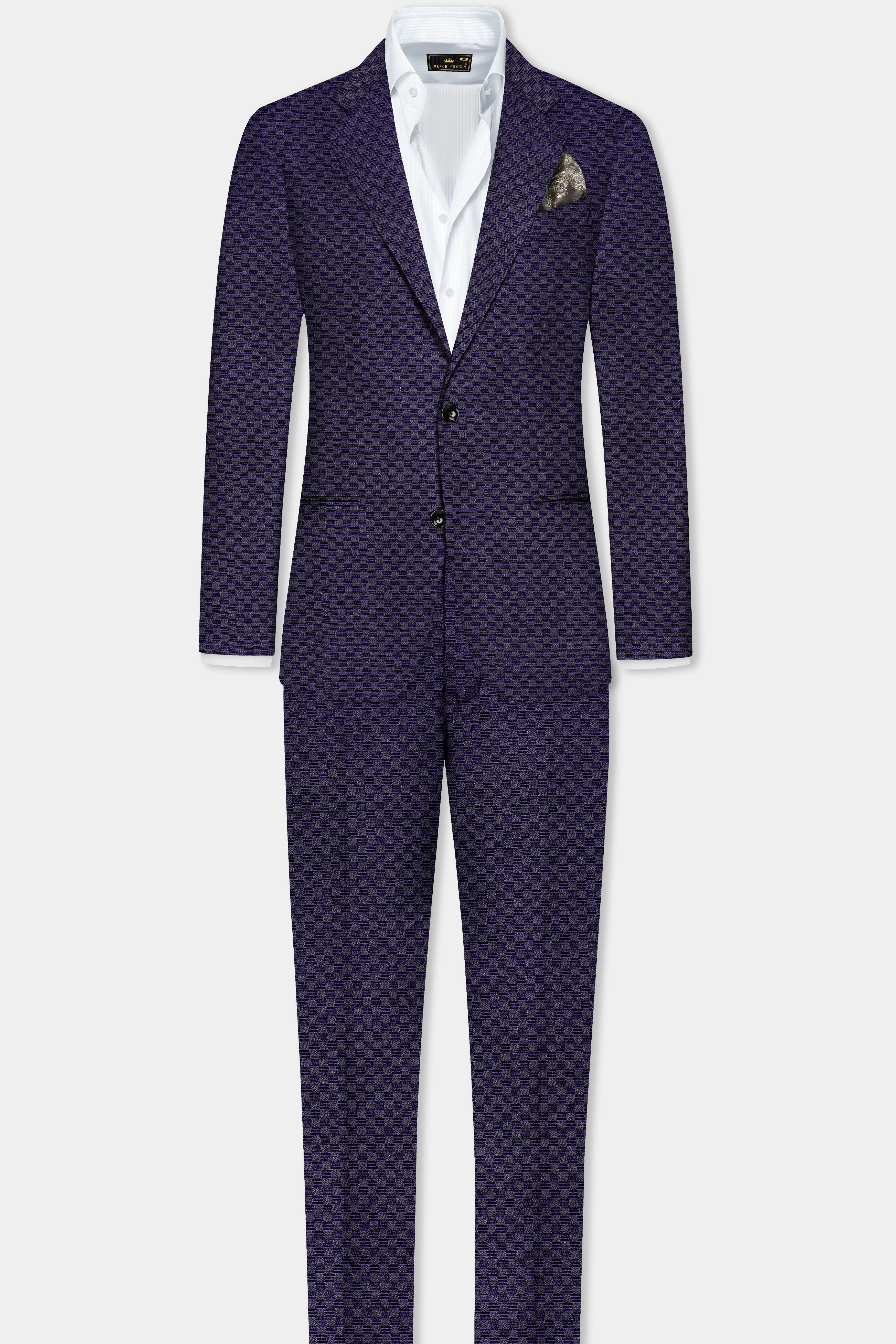 Ebony Purple Checkerboard Jacquard Textured Designer Suit