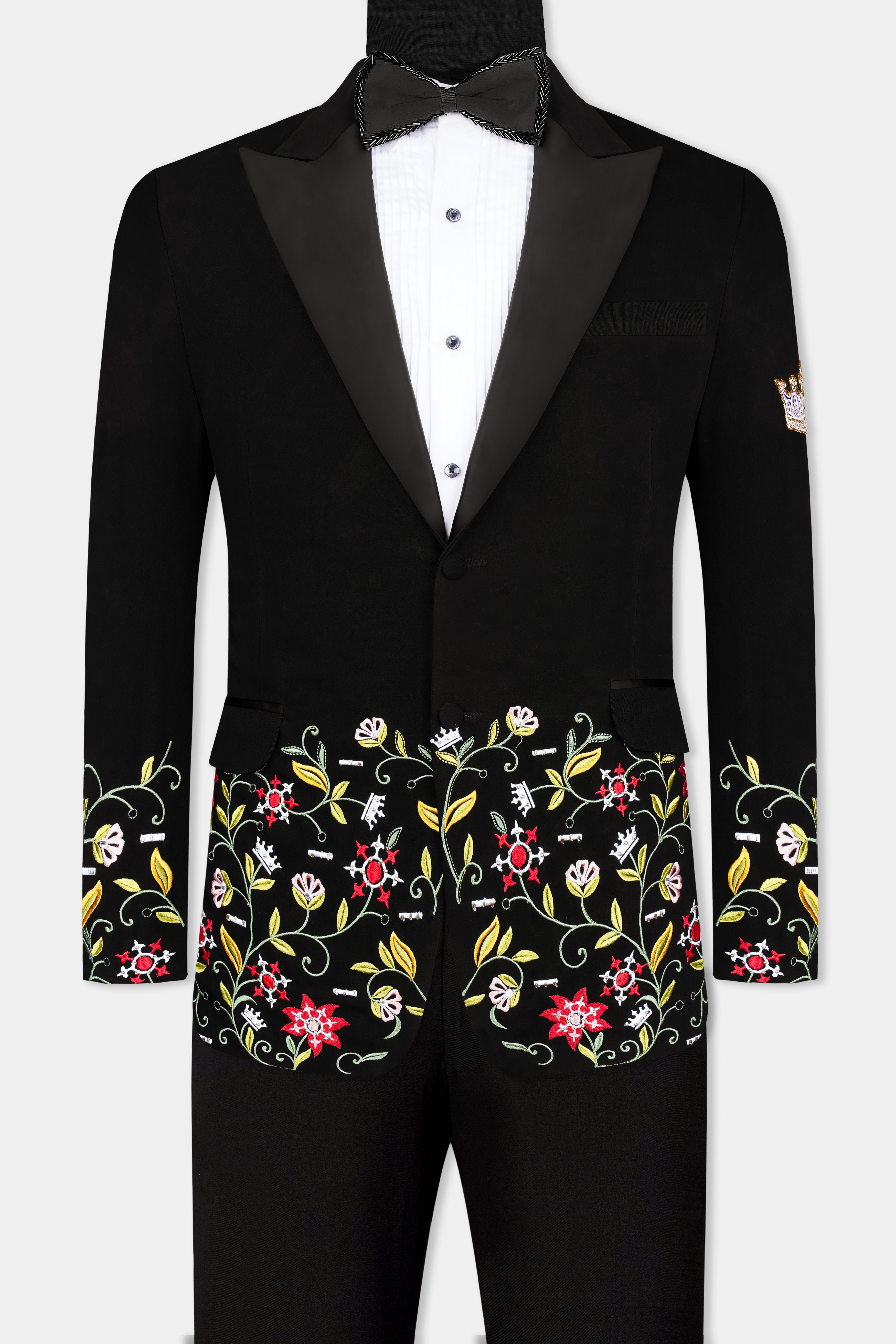 Korean Black (The Best Black We Have) Floral Embroidered Wool Rich Designer Tuxedo Suit