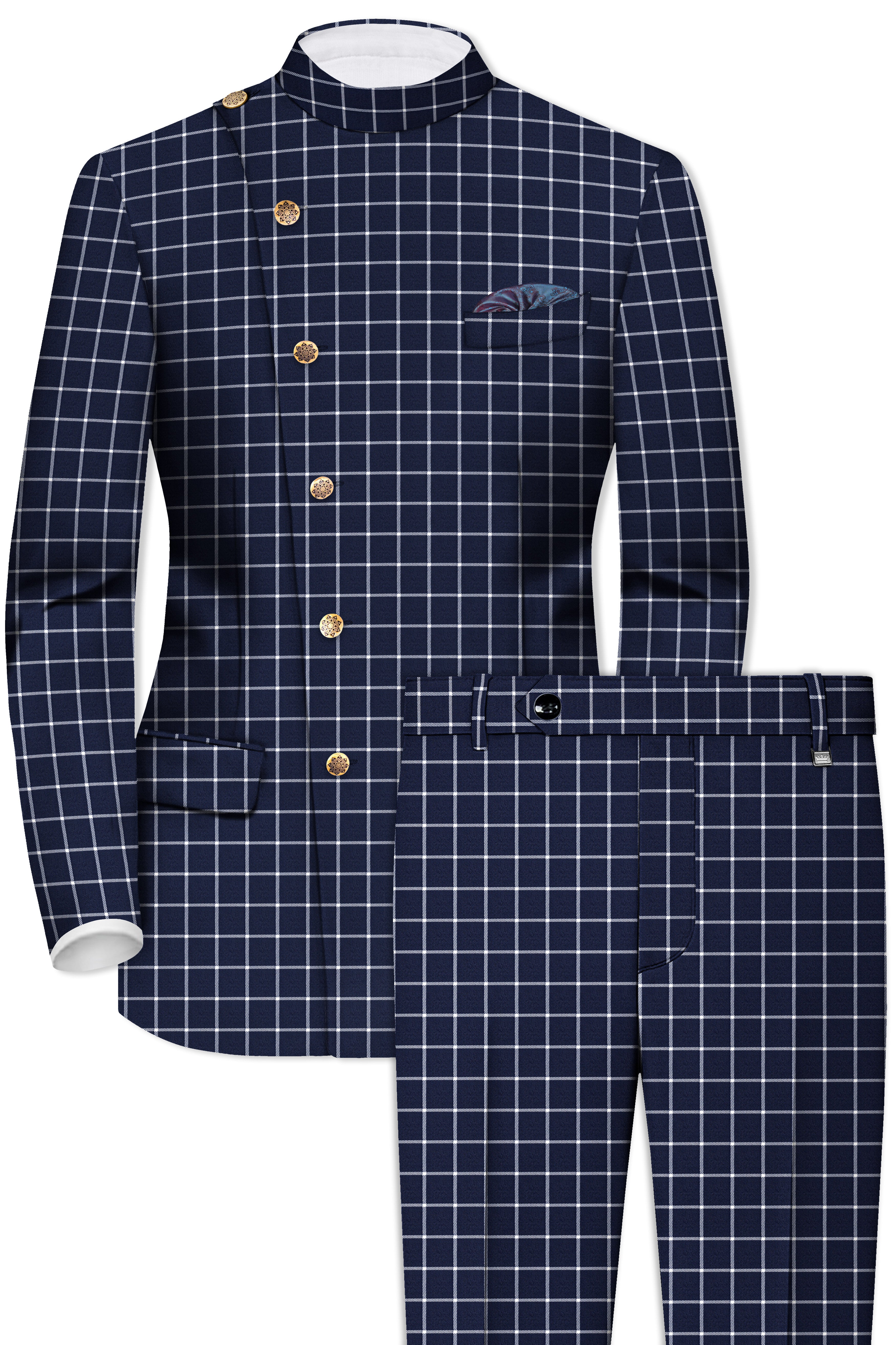 Admiral Blue and White Windowpane Wool Rich Cross Placket Bandhgala Suit