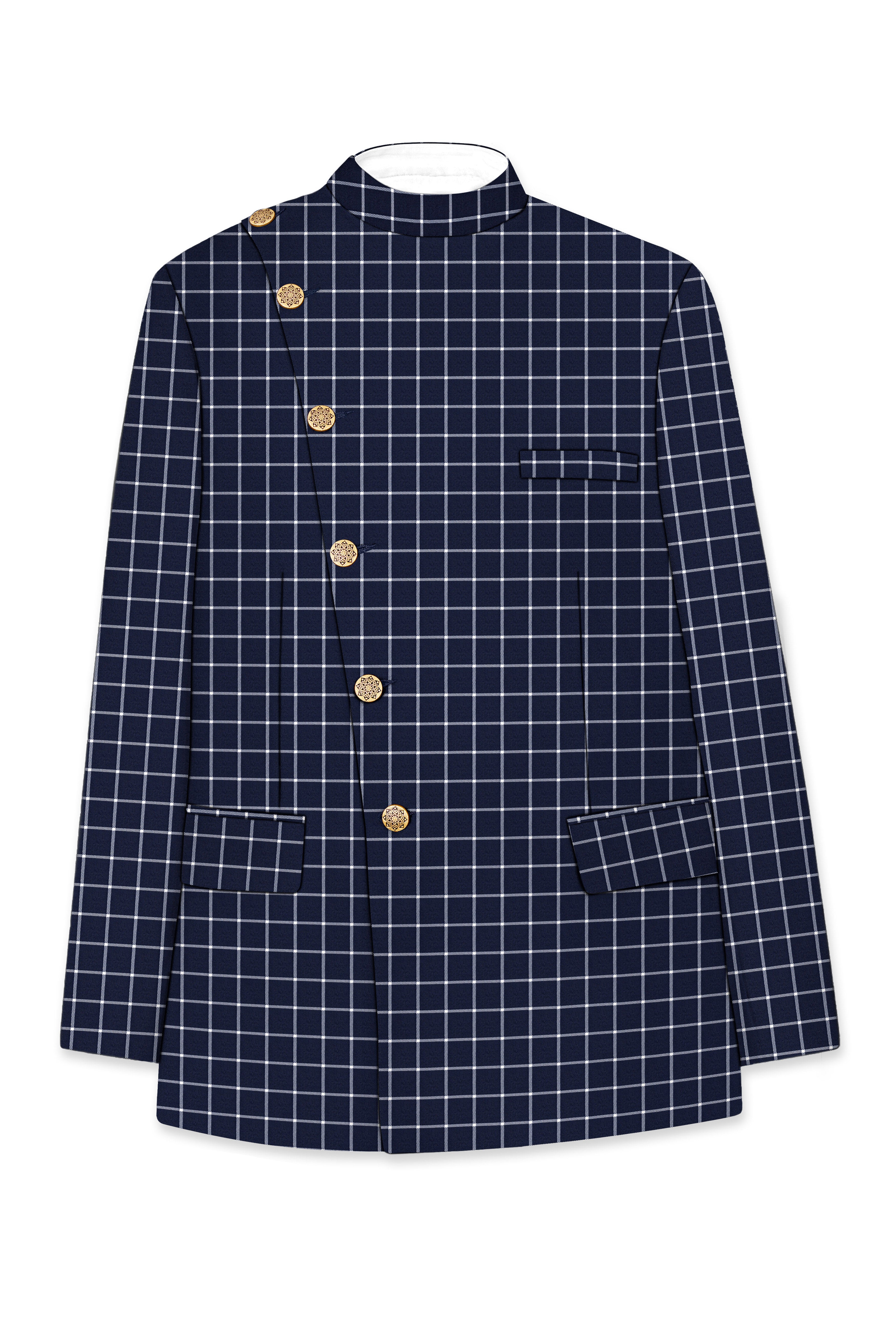 Admiral Blue and White Windowpane Wool Rich Cross Placket Bandhgala Suit