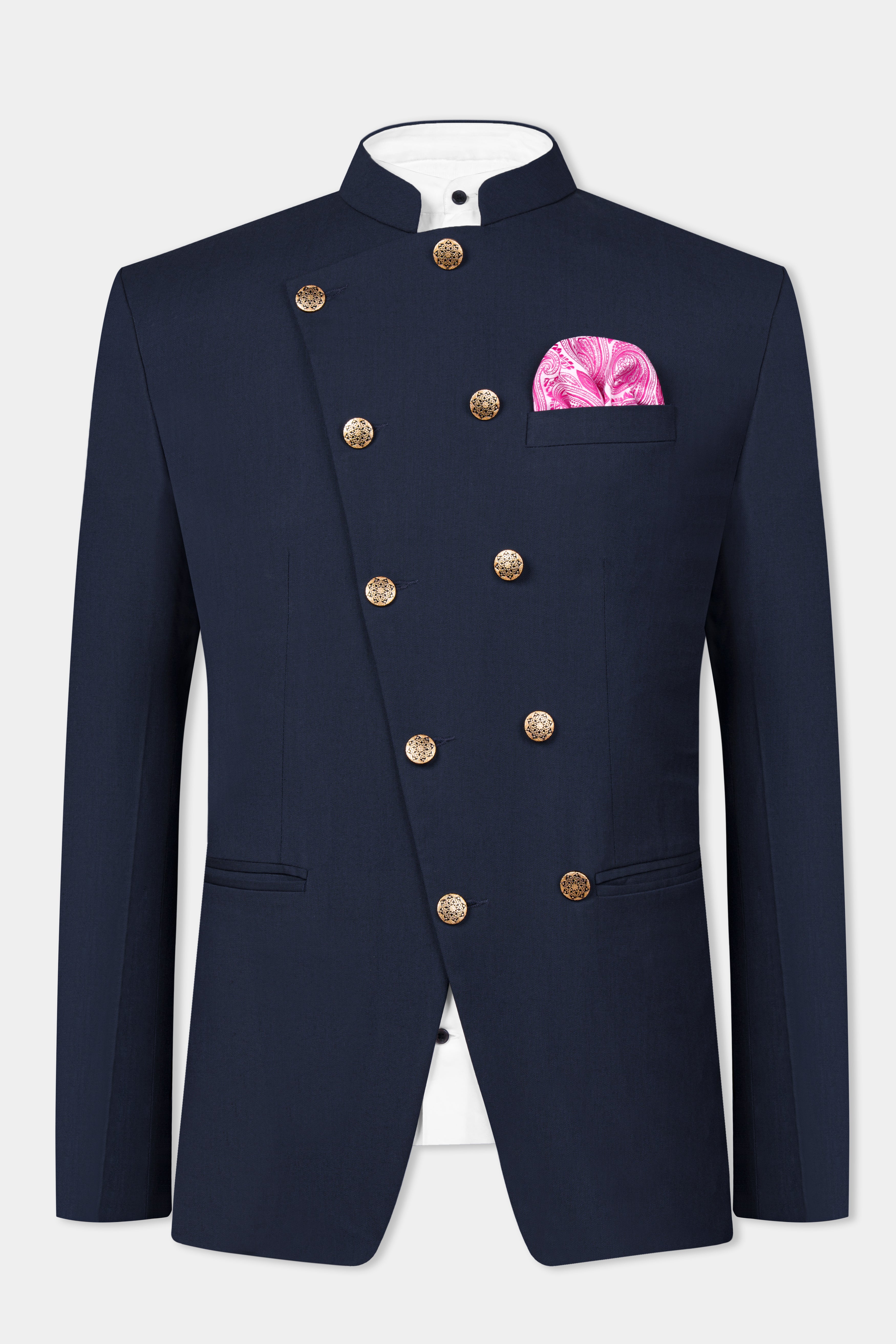 Cinder Blue Wool Rich Cross Placket Bandhgala Suit