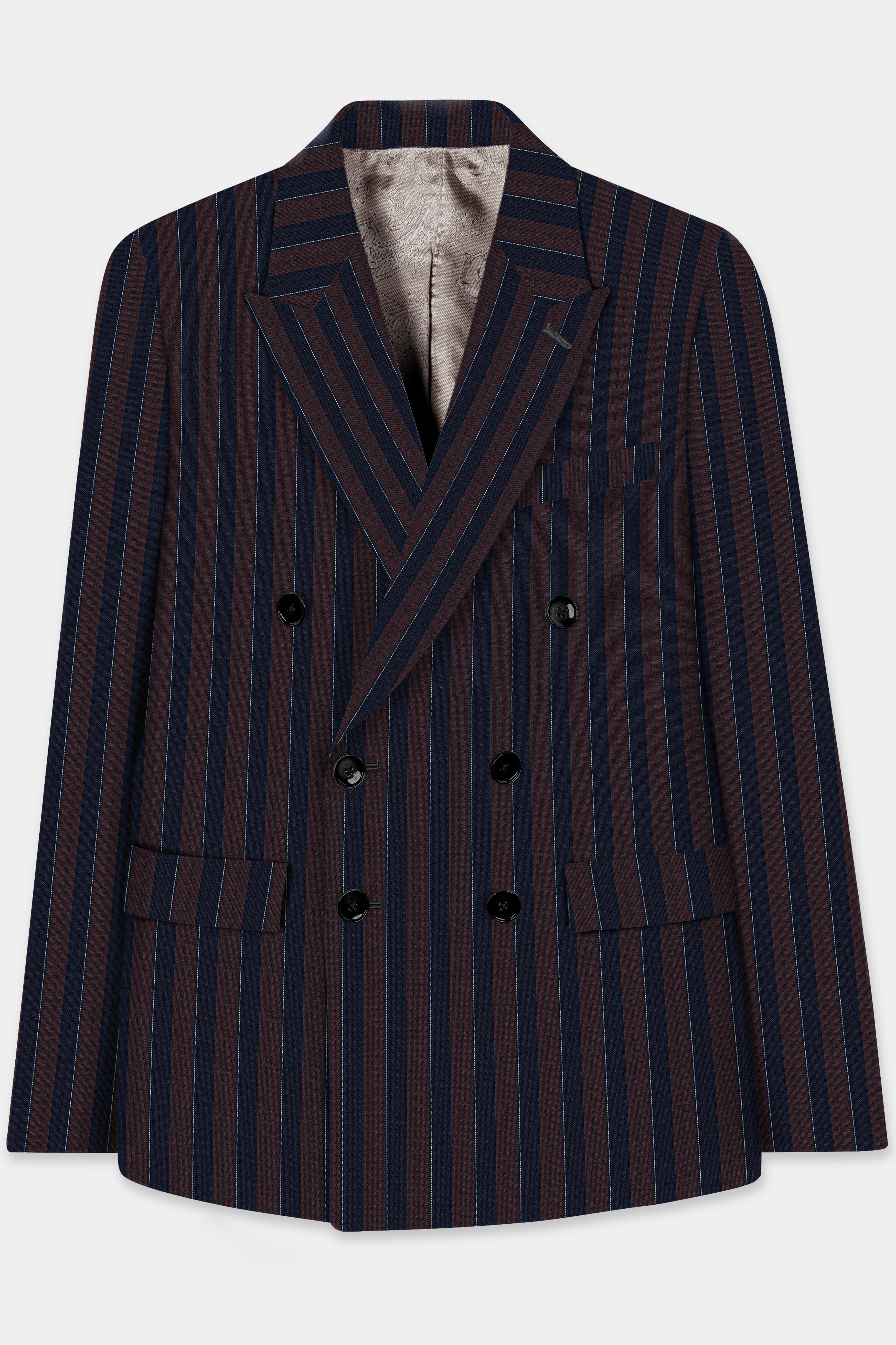 Bistre Brown and Admiral Blue Striped Wool Rich Double Breasted Suit