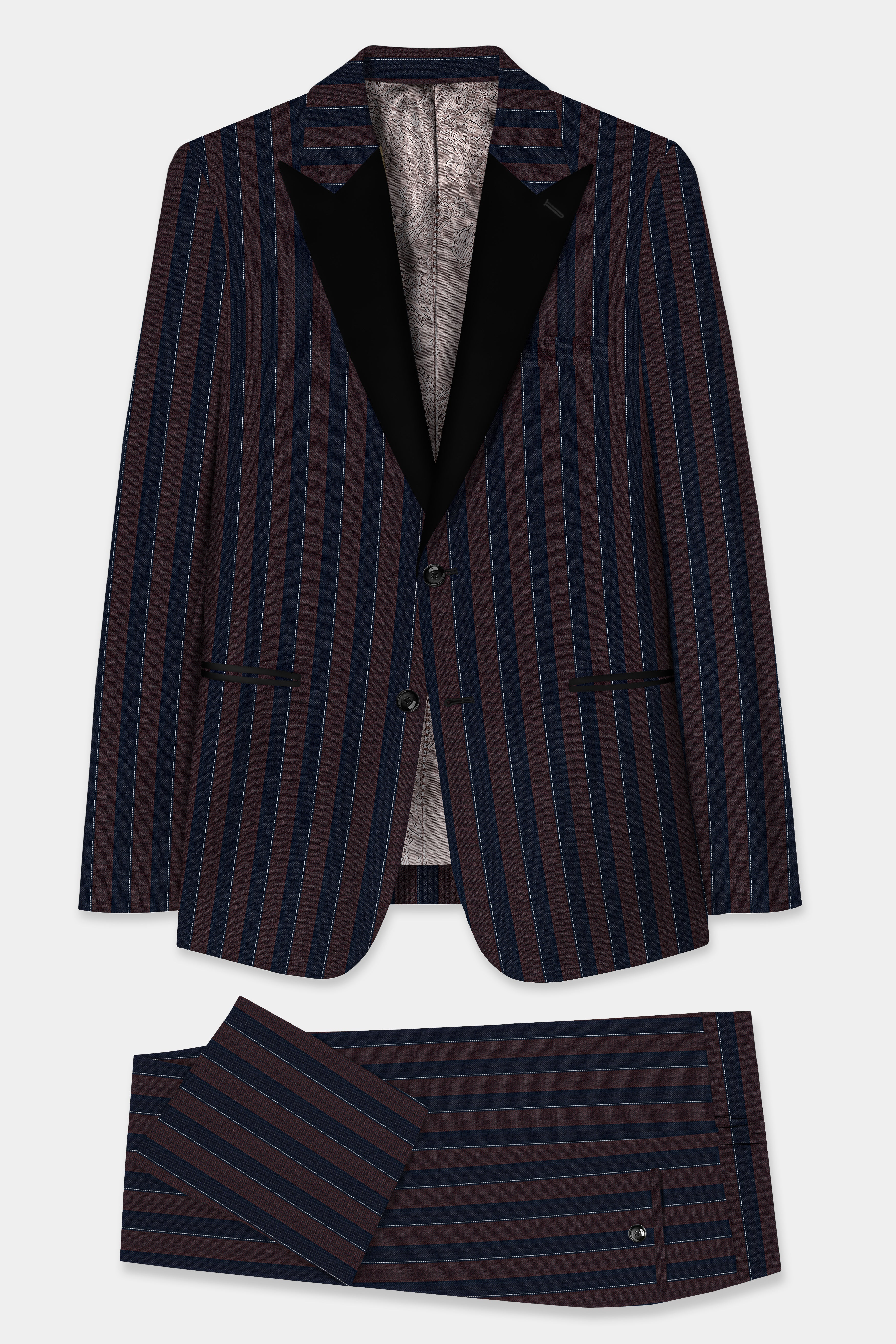 Bistre Brown and Admiral Blue Striped Wool Rich Peak Lapel Tuxedo Suit