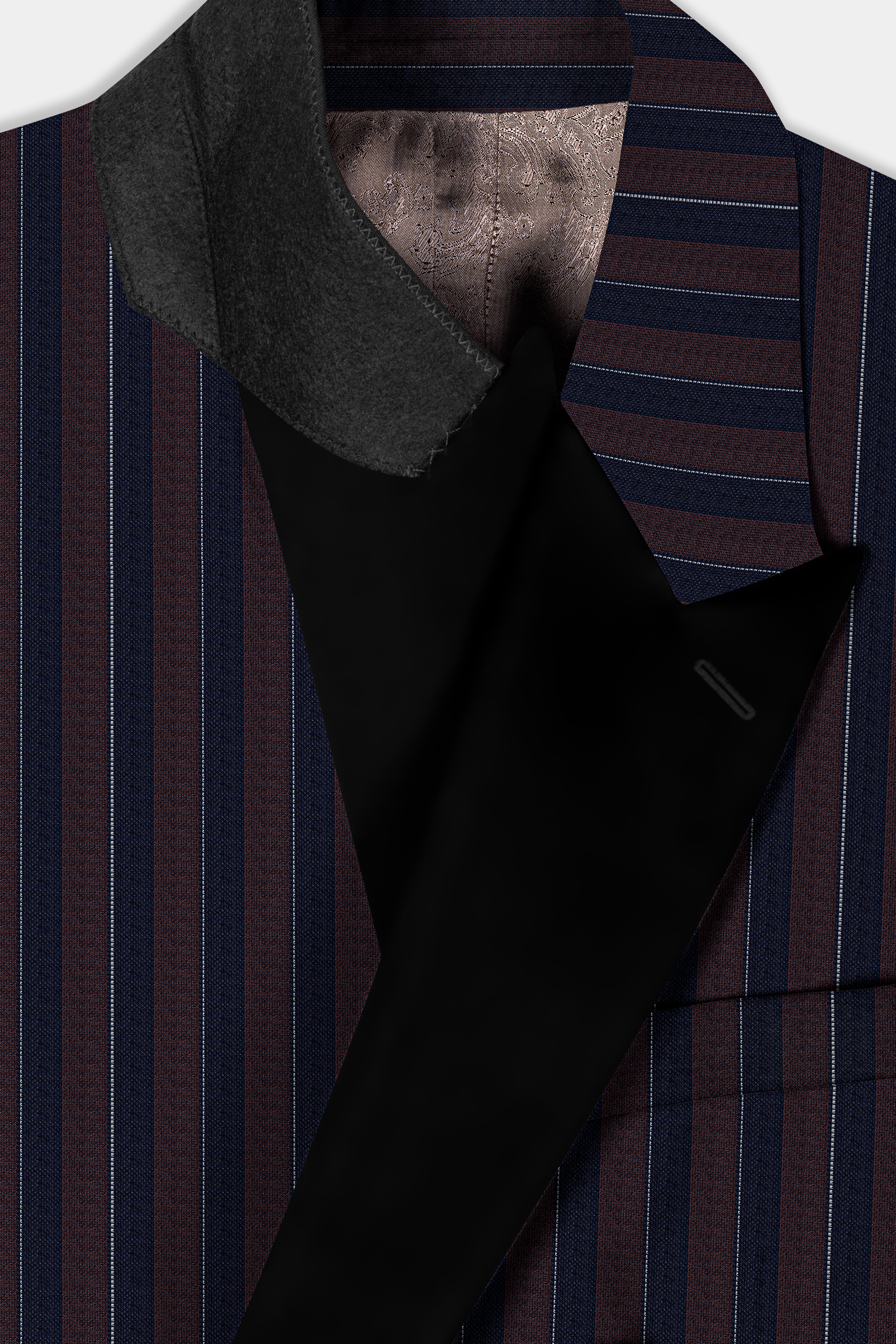 Bistre Brown and Admiral Blue Striped Wool Rich Peak Lapel Tuxedo Suit