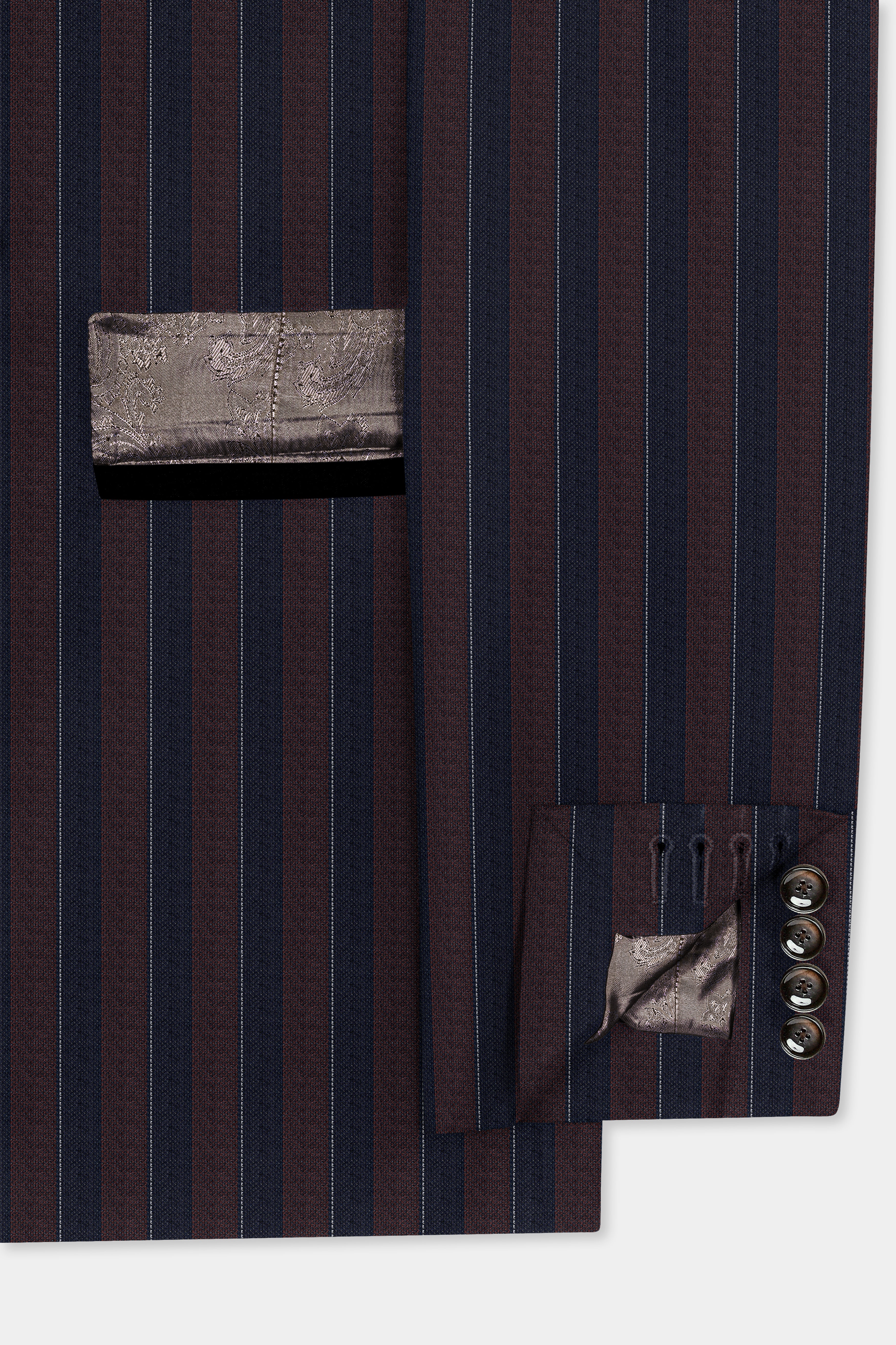 Bistre Brown and Admiral Blue Striped Wool Rich Peak Lapel Tuxedo Suit