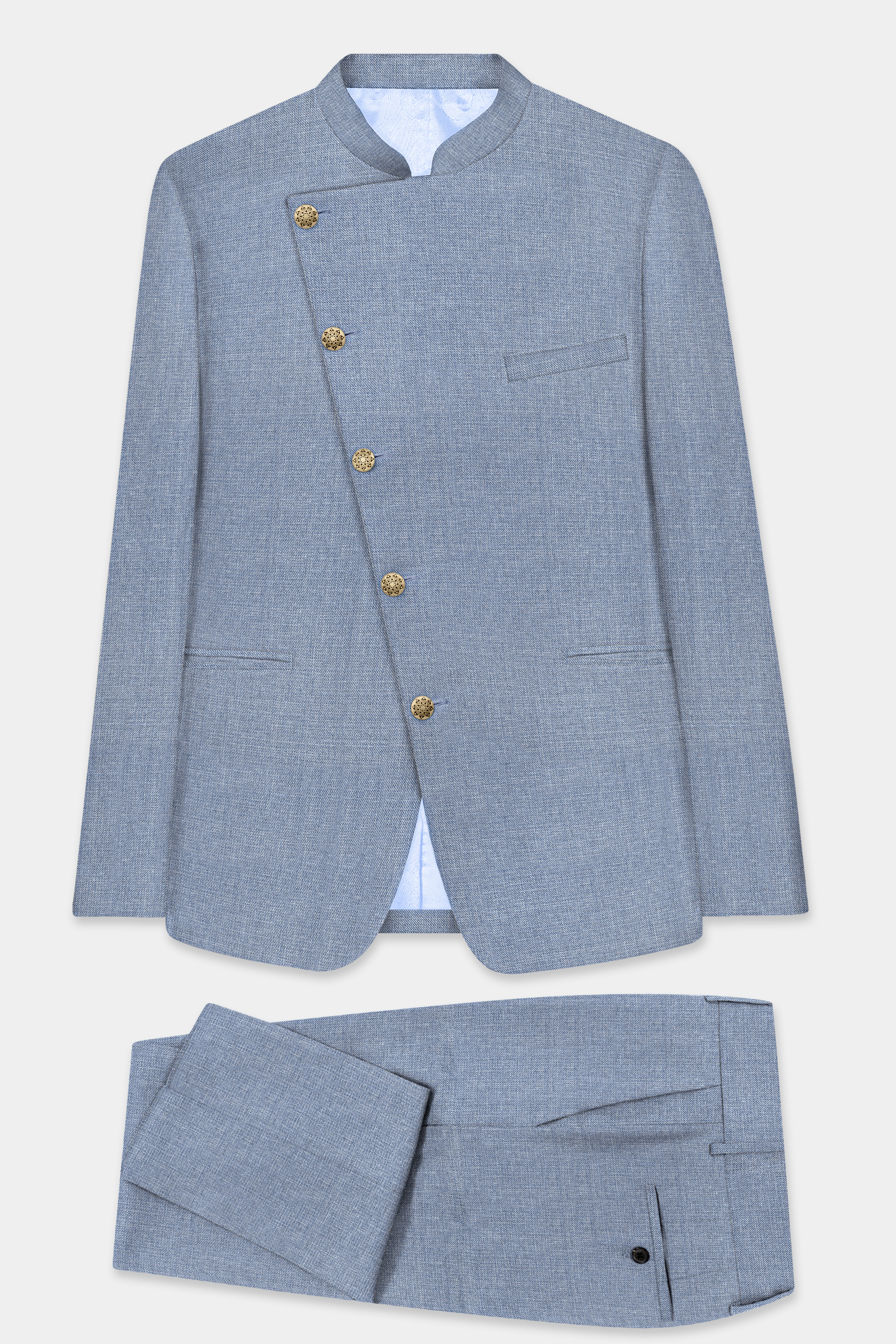 Bluish Windowpane Wool Rich Cross Placket Bandhgala Suit