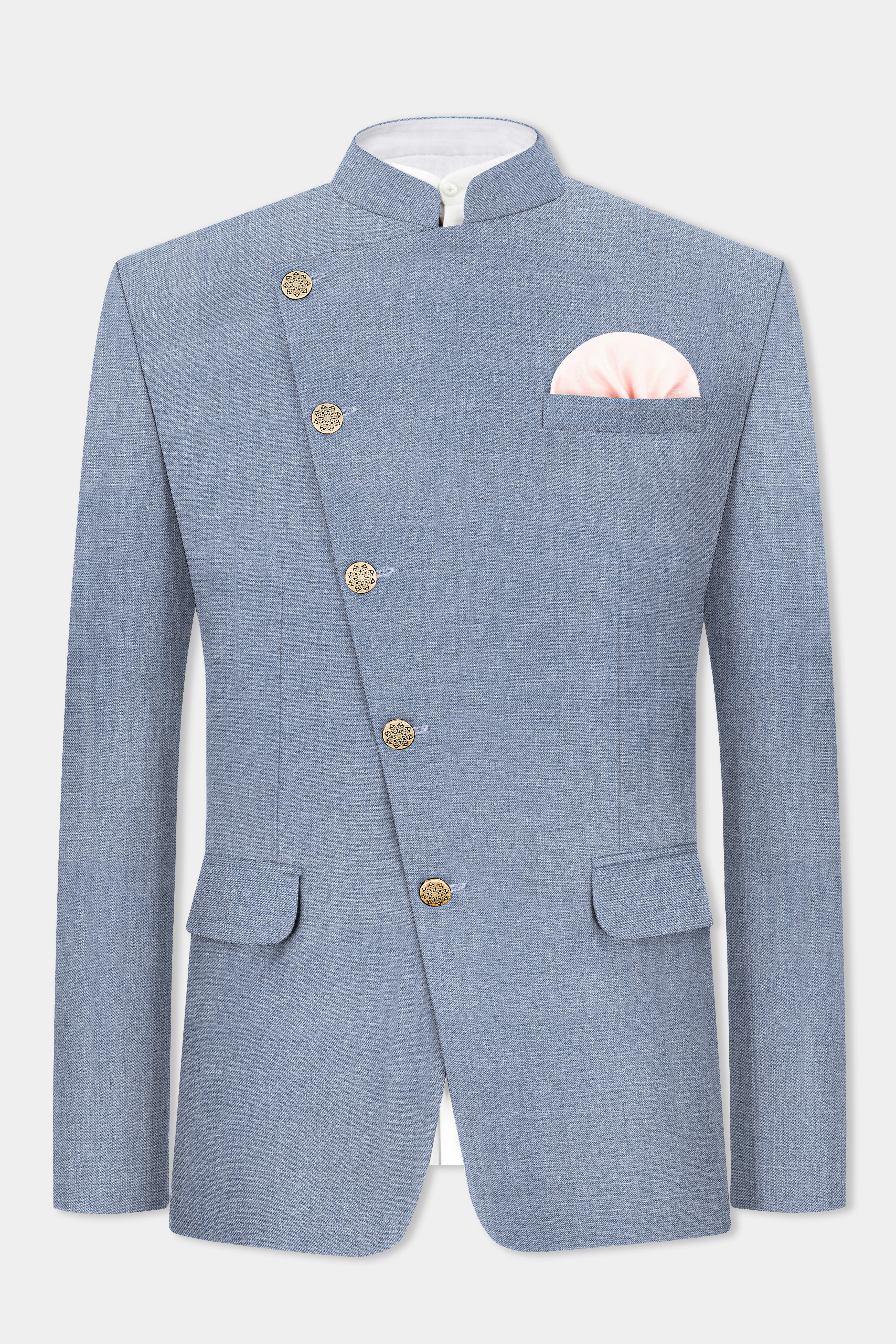 Bluish Windowpane Wool Rich Cross Placket Bandhgala Suit