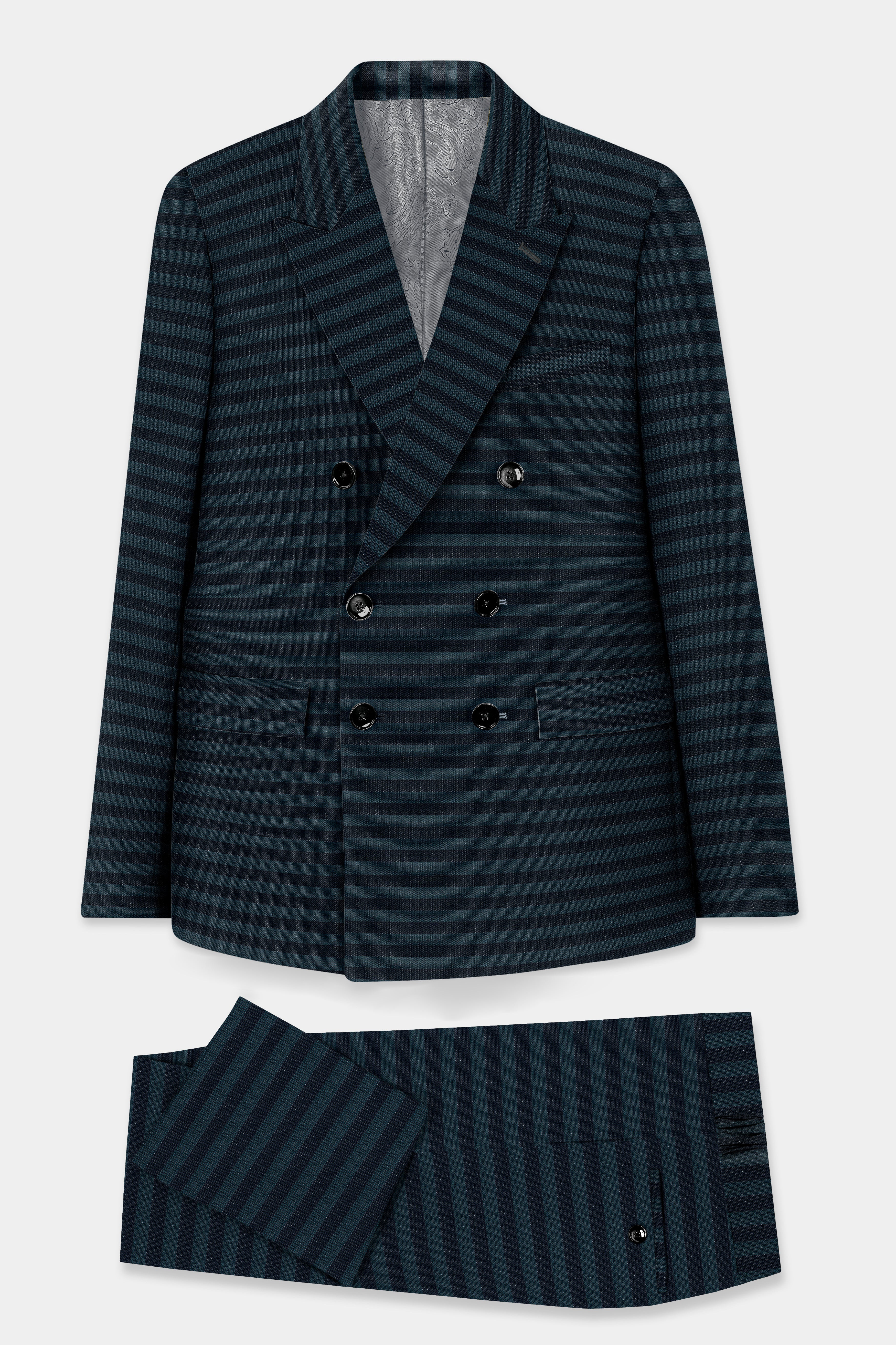 Bluish Blue And Jade Black Striped Wool Rich Double Breasted Suit