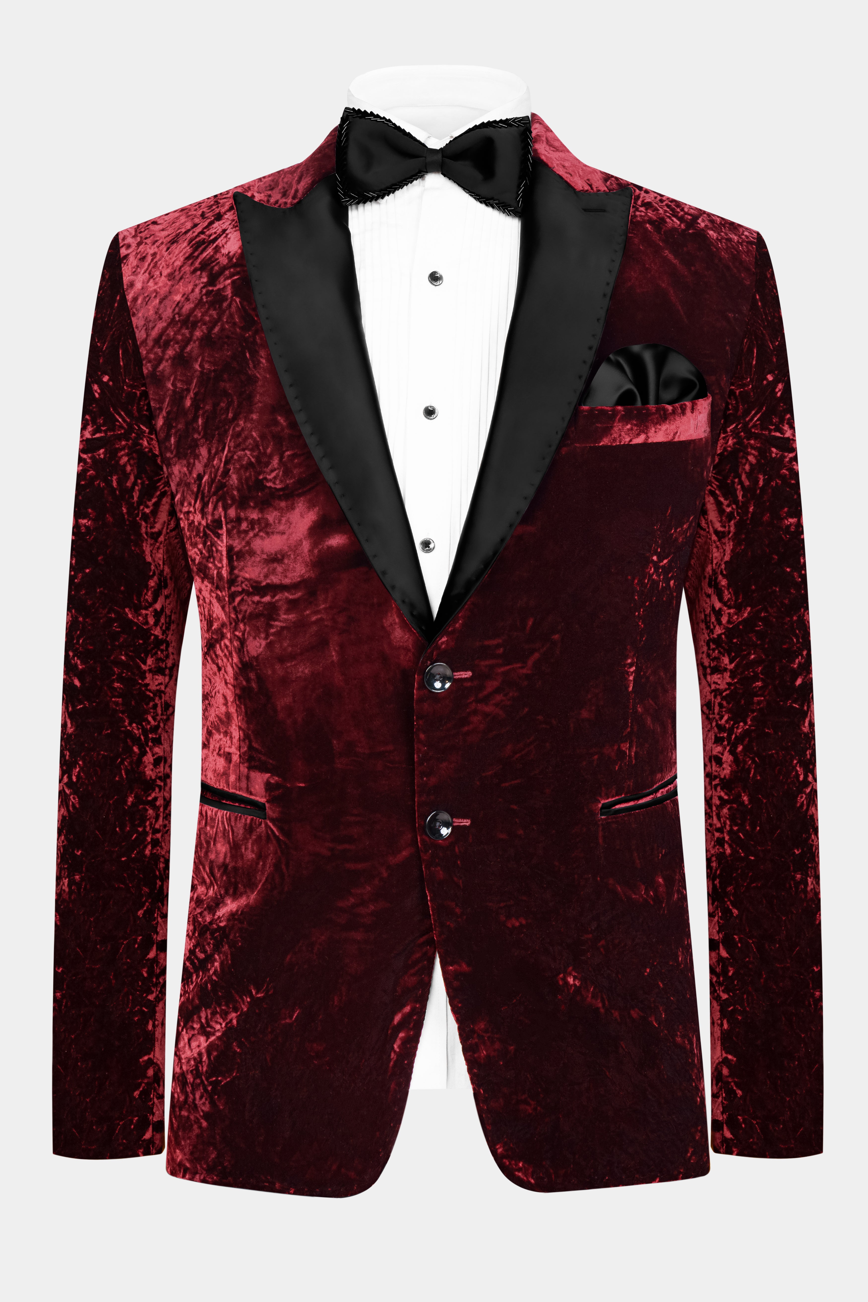 Bulgarian Maroon Crushed Velvet Peak Collar Tuxedo Suit