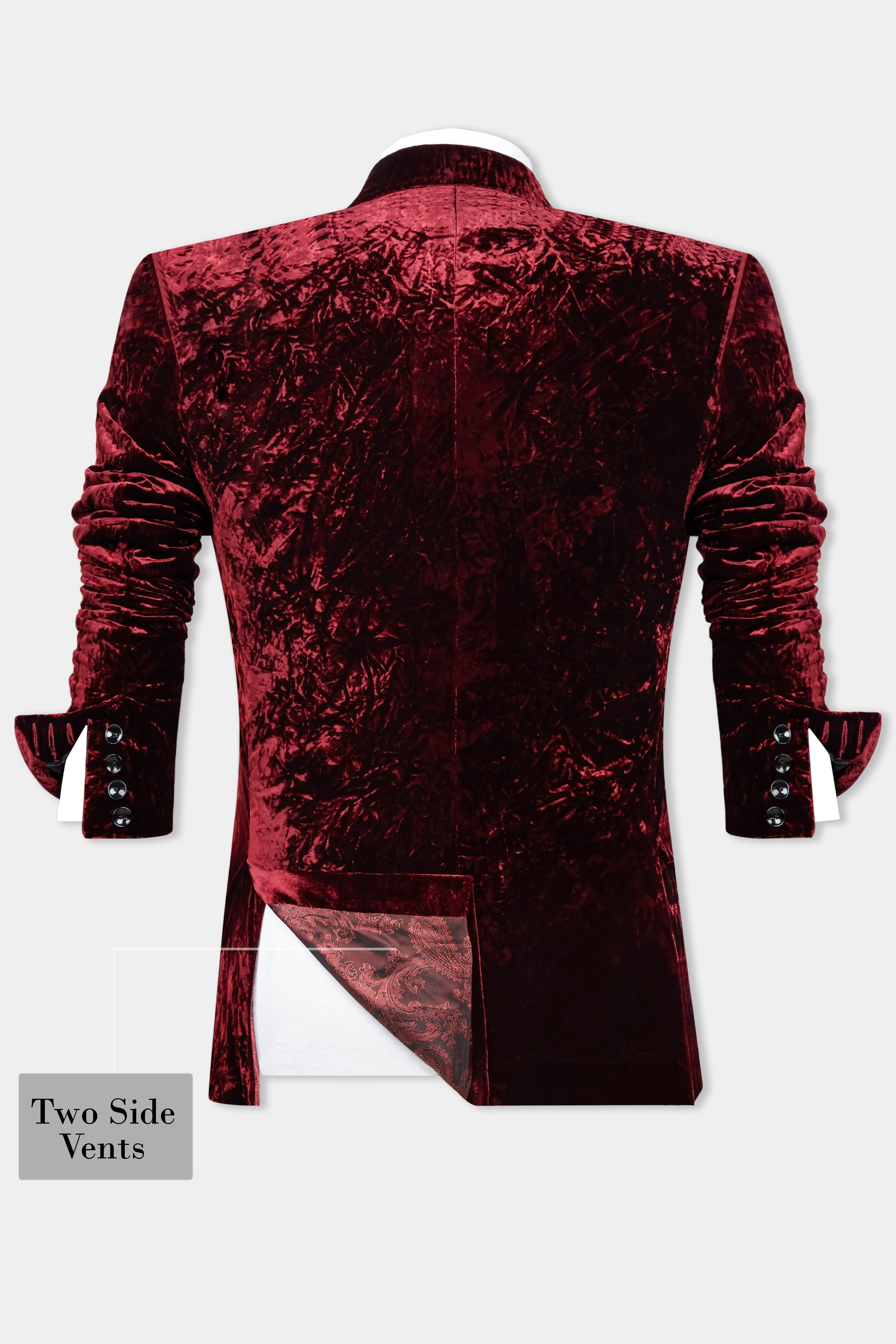 Bulgarian Maroon Crushed Velvet Peak Collar Tuxedo Suit