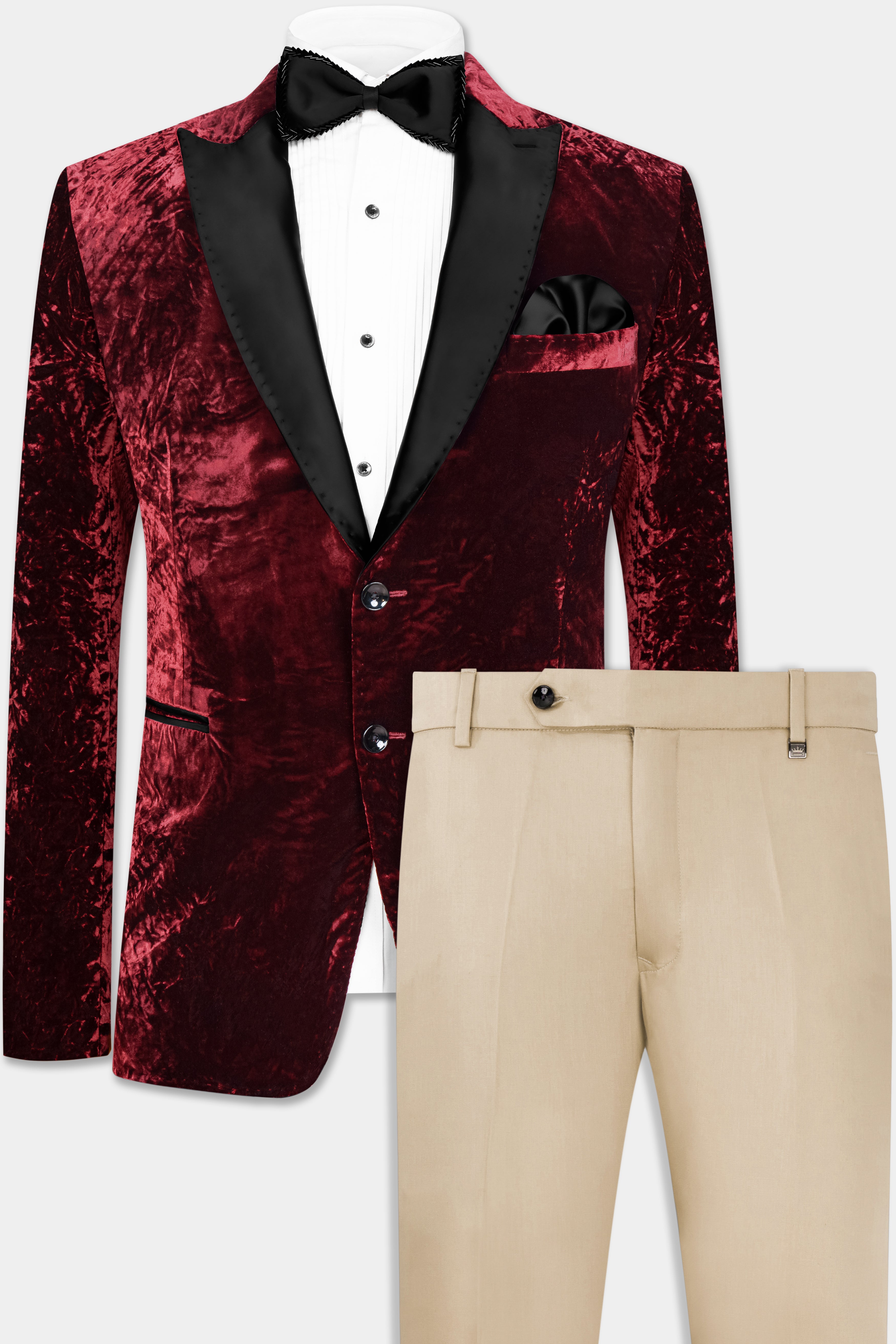 Bulgarian Maroon Crushed Velvet Peak Collar Tuxedo Suit