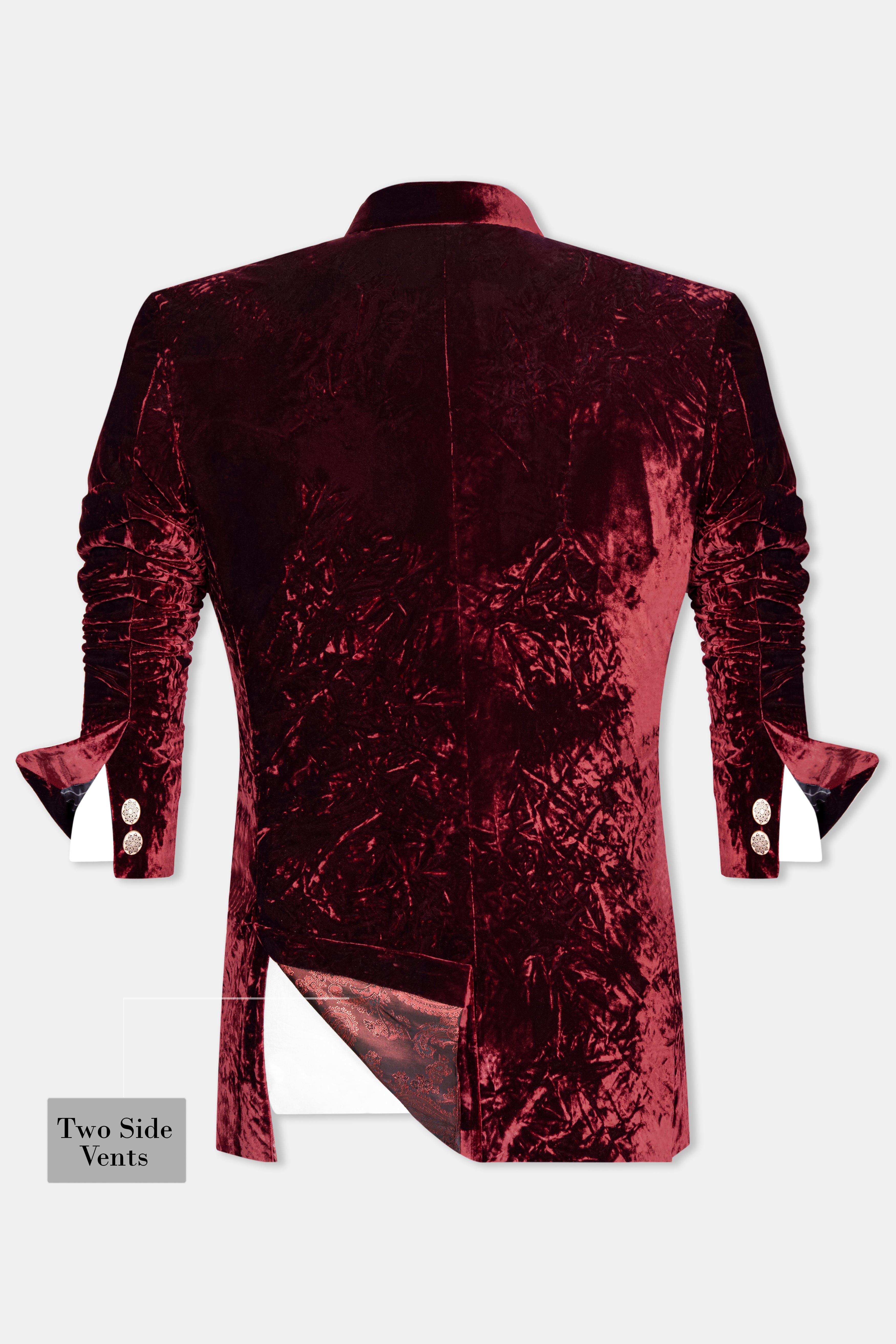 Bulgarian Maroon Crushed Velvet Cross Placket Bandhgala Suit