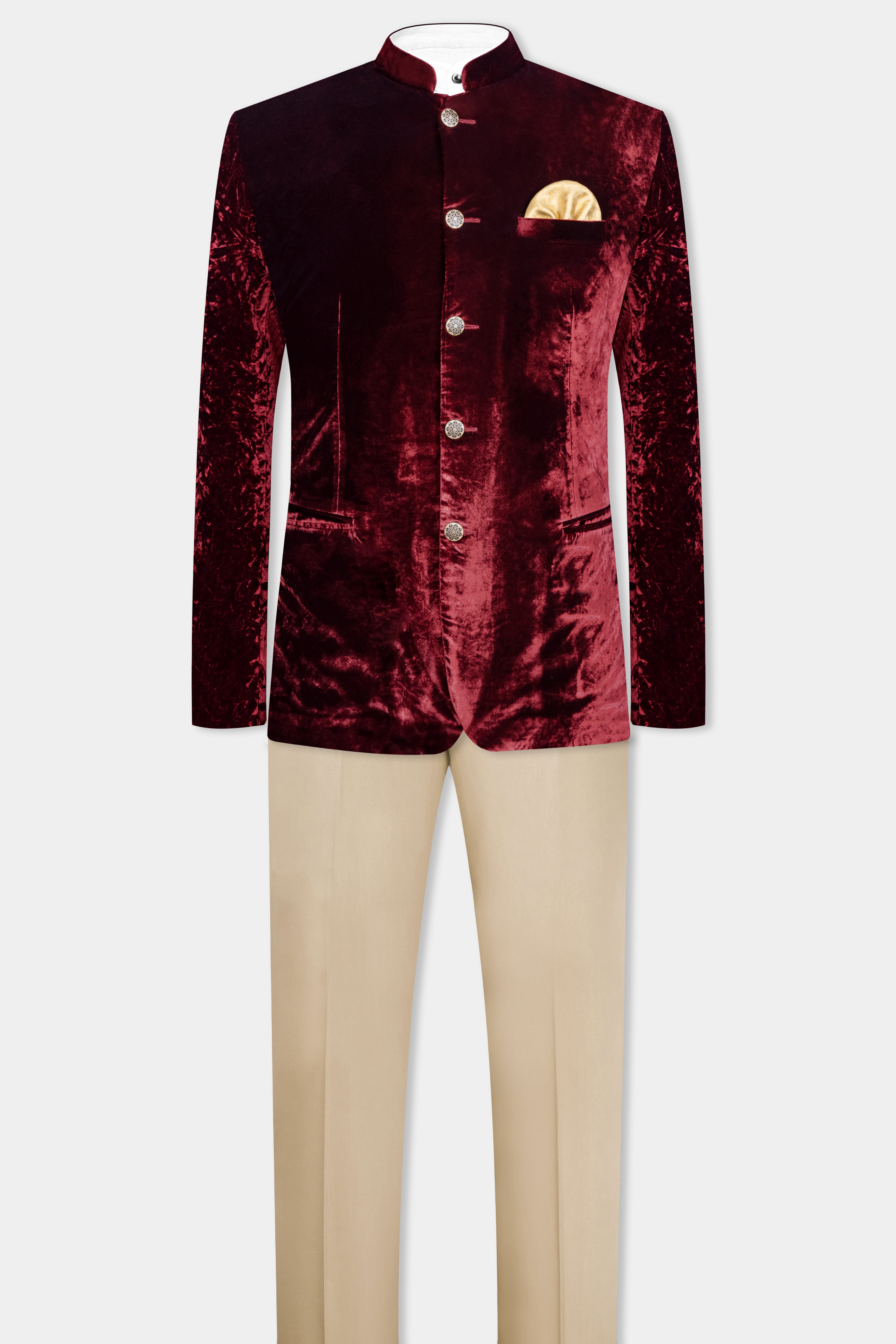 Bulgarian Maroon Crushed Velvet Bandhgala Suit