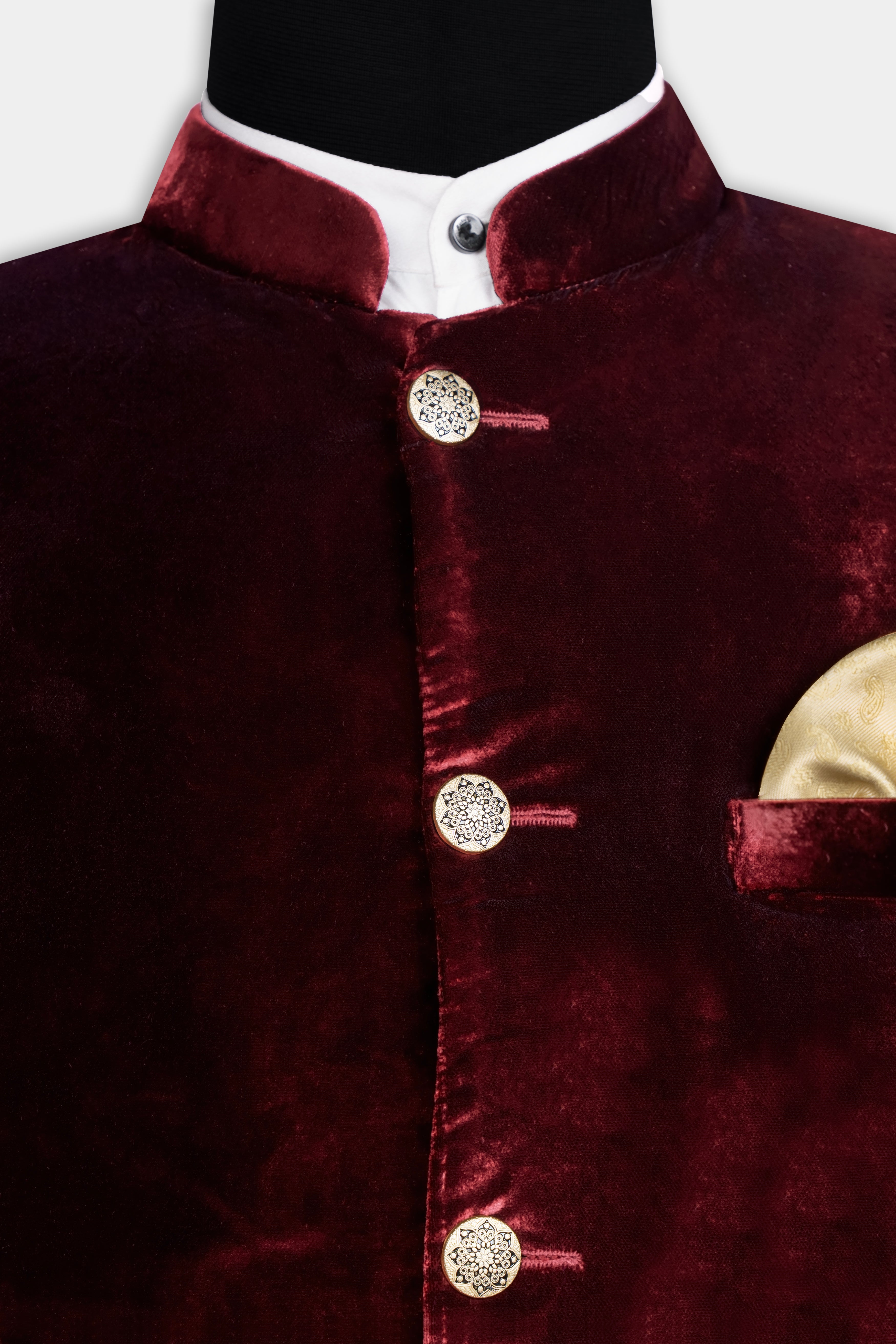 Bulgarian Maroon Crushed Velvet Bandhgala Suit