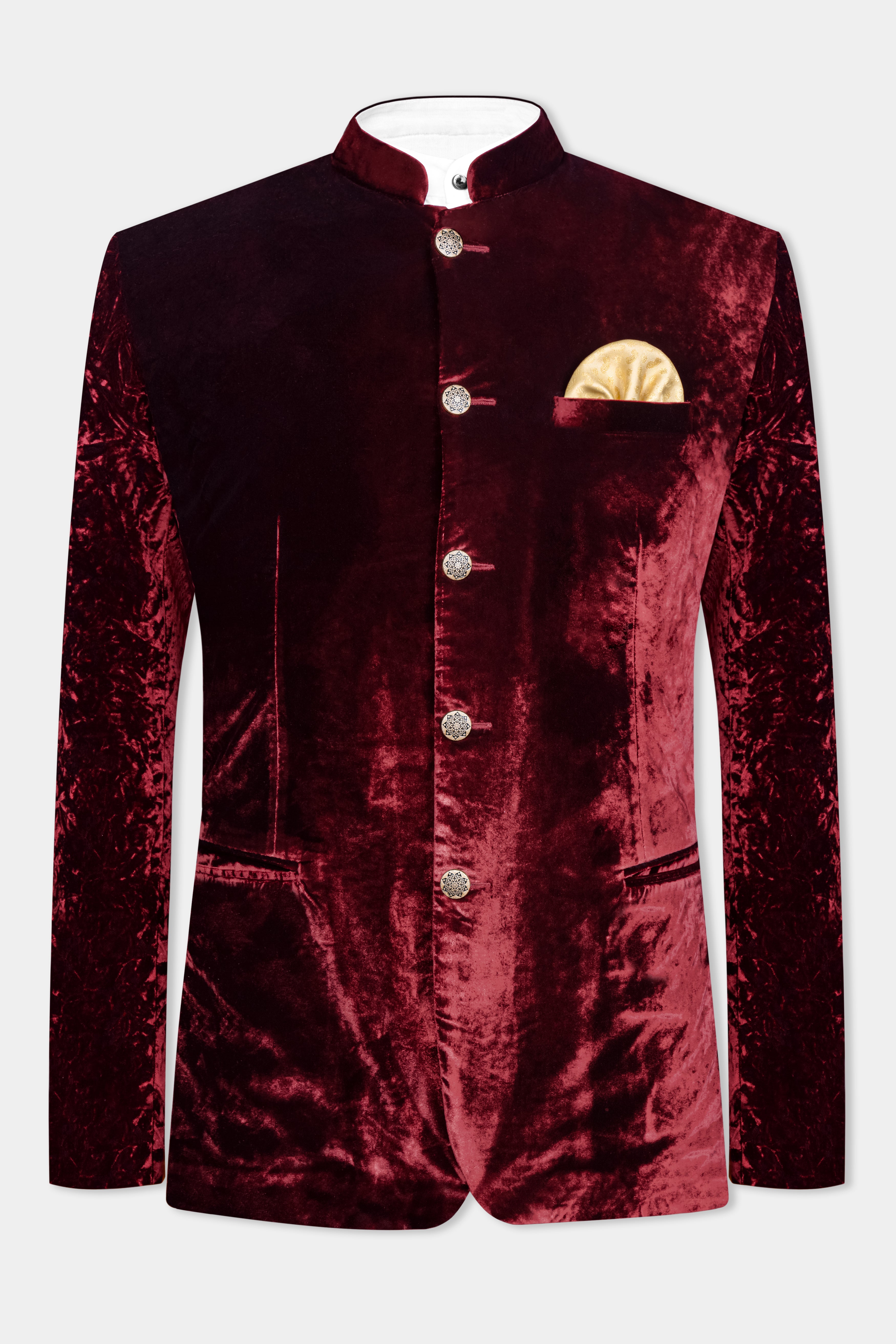 Bulgarian Maroon Crushed Velvet Bandhgala Suit