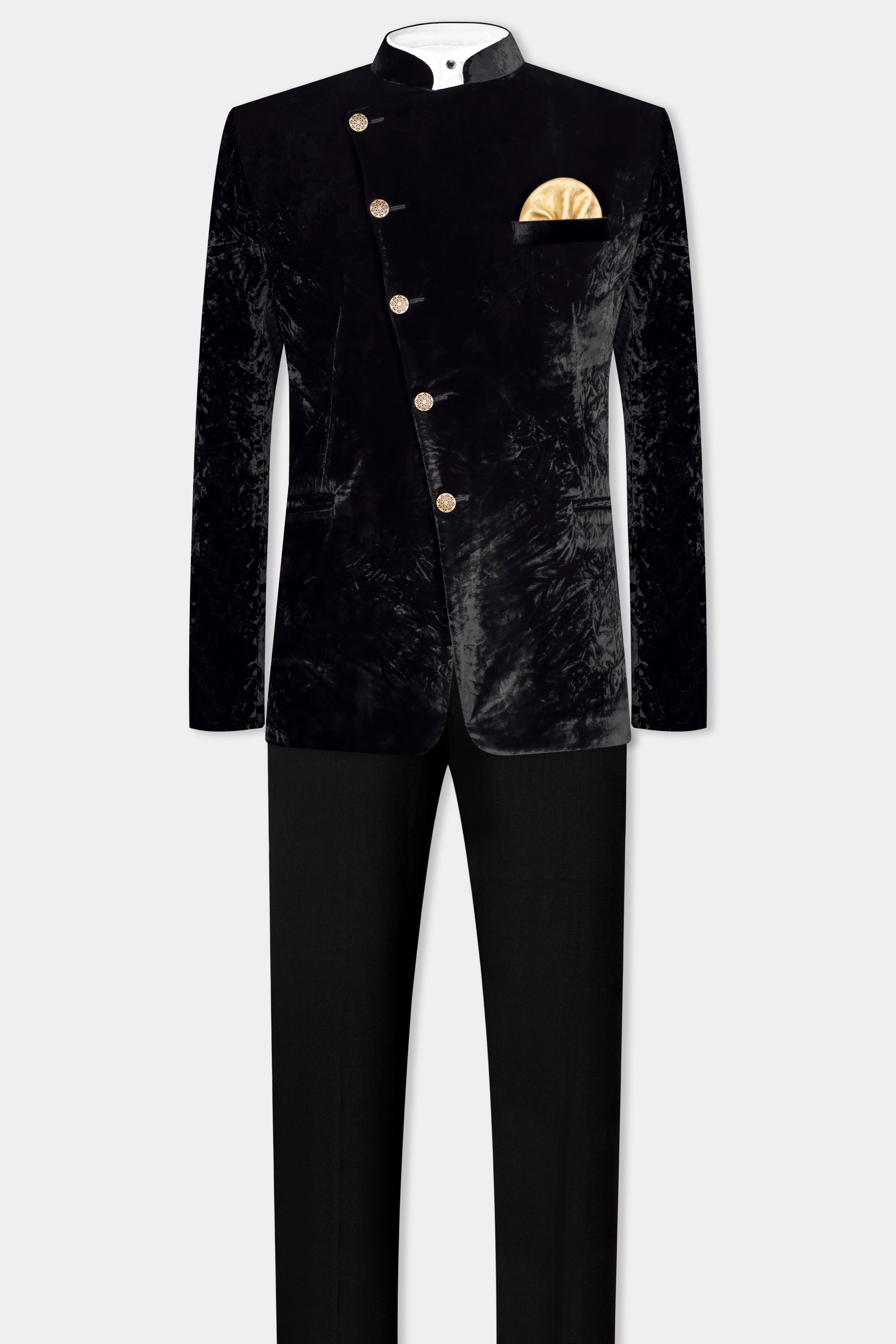 Jade Black Crushed Velvet Cross Placket Suit