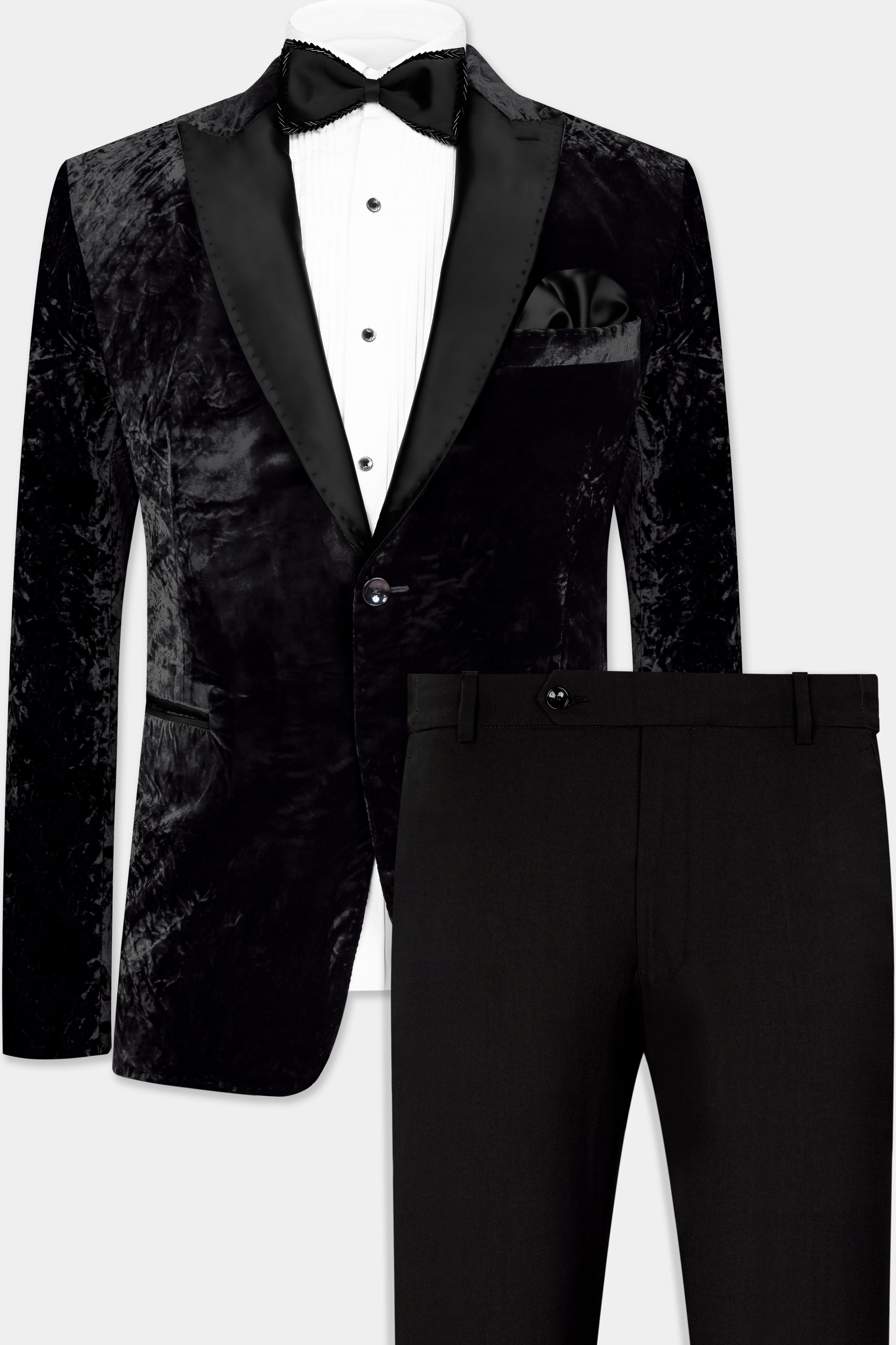 Jade Black Crushed Velvet Peak Lapel Tuxedo Suit