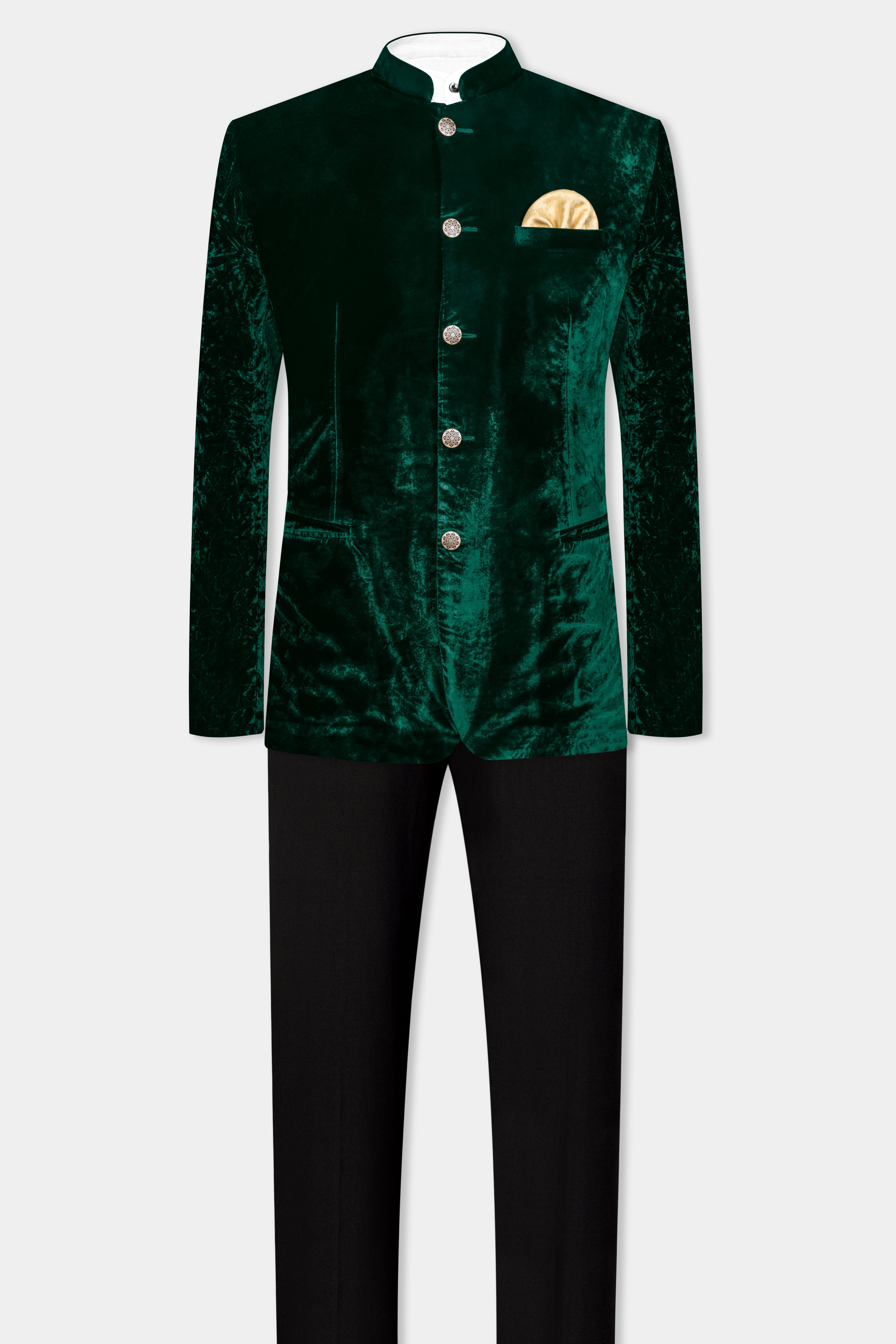 Sacramento Green Crushed Velvet Bandhgala Suit