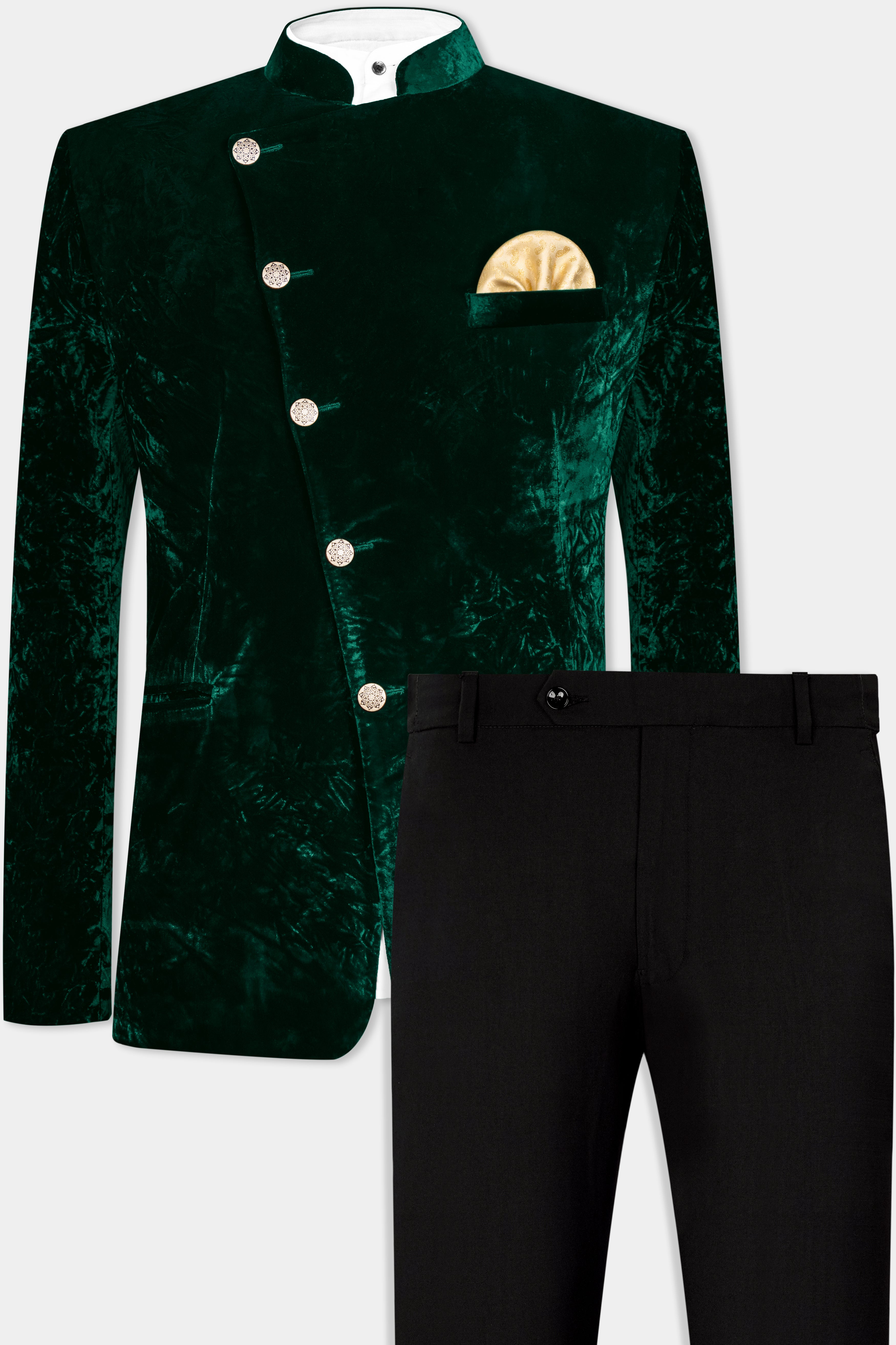 Sacramento Green Crushed Velvet Cross Placket Bandhgala Suit