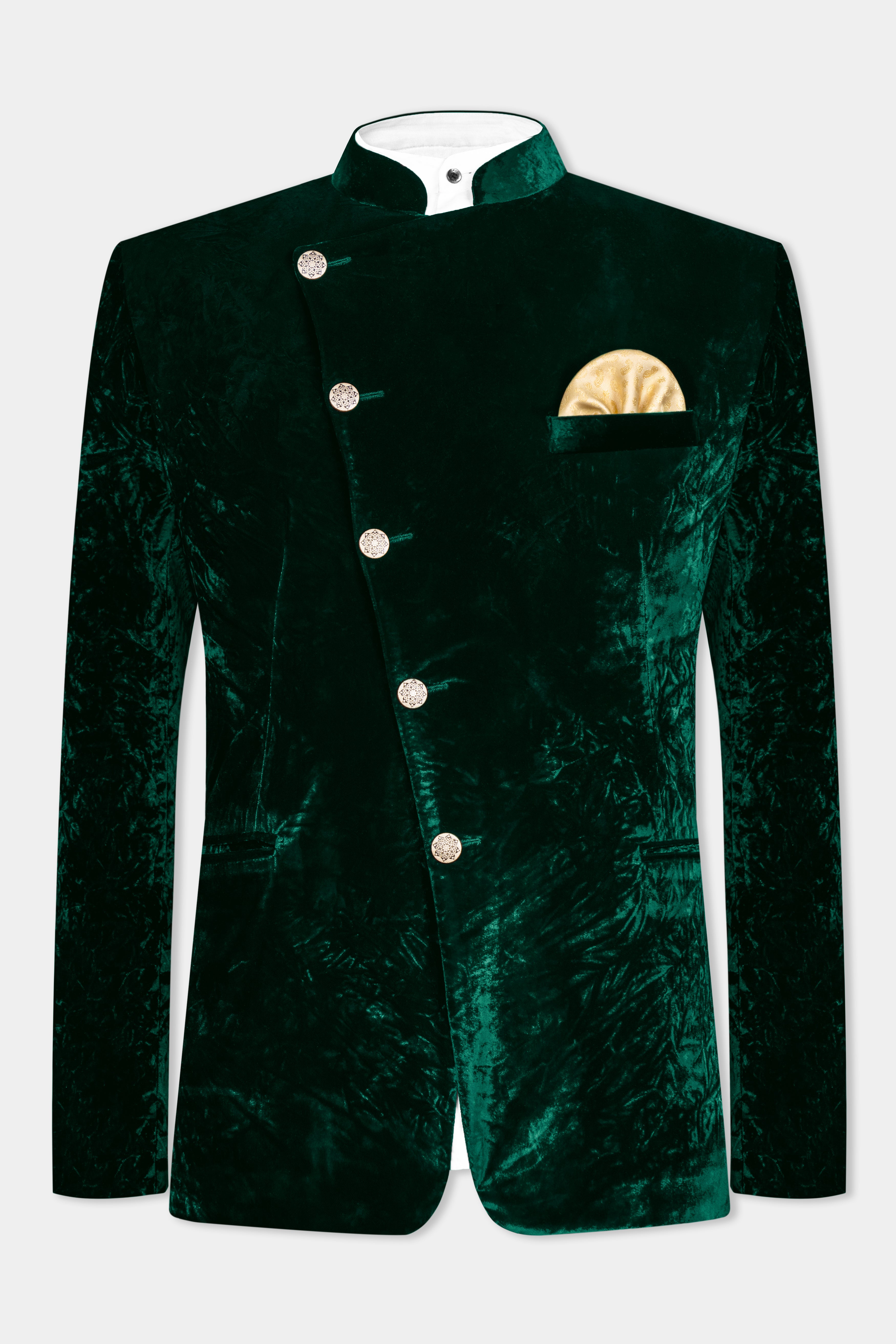 Sacramento Green Crushed Velvet Cross Placket Bandhgala Suit