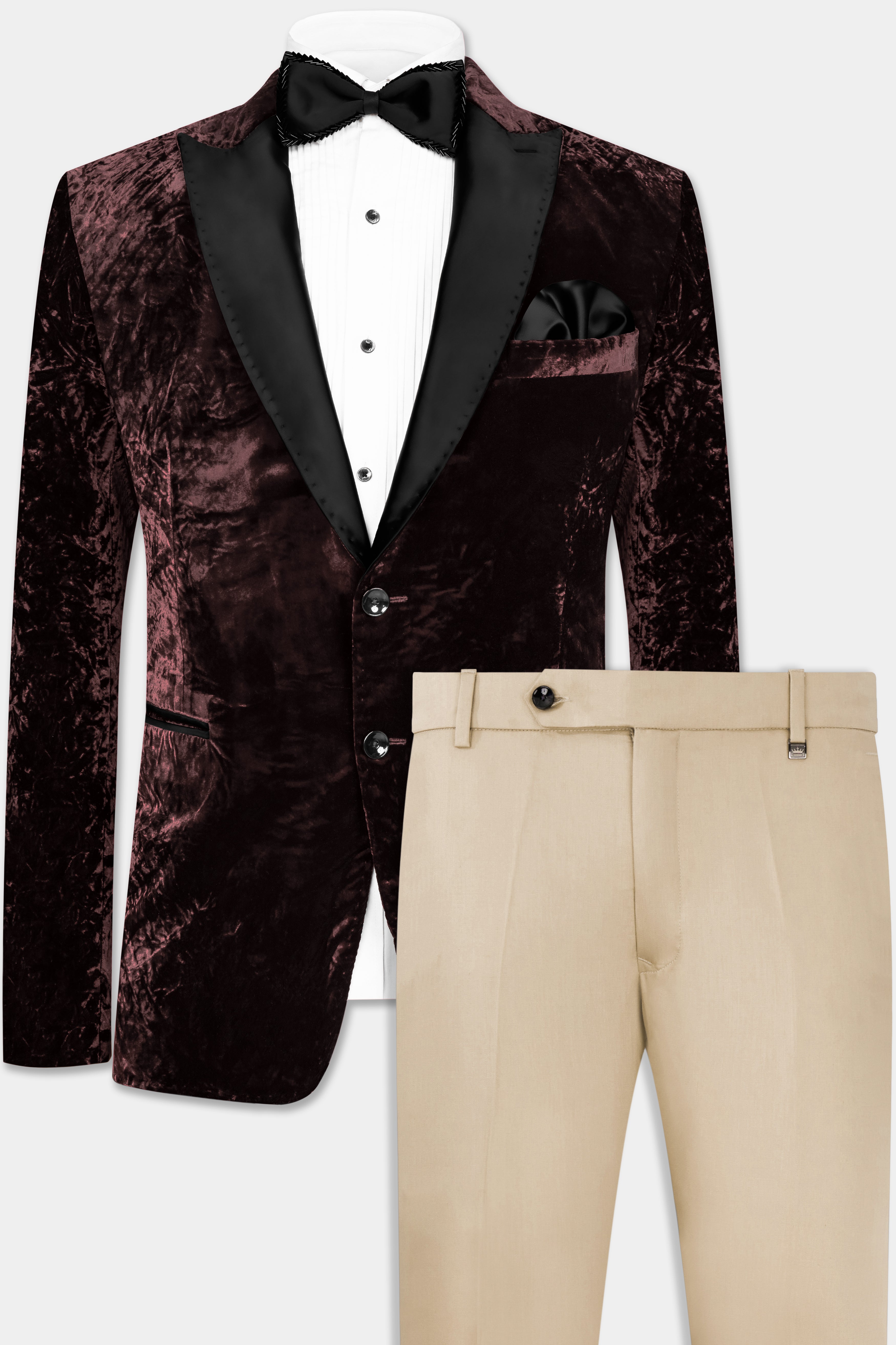 Asphalt Brown Crushed Velvet Peak Collar Tuxedo Suit