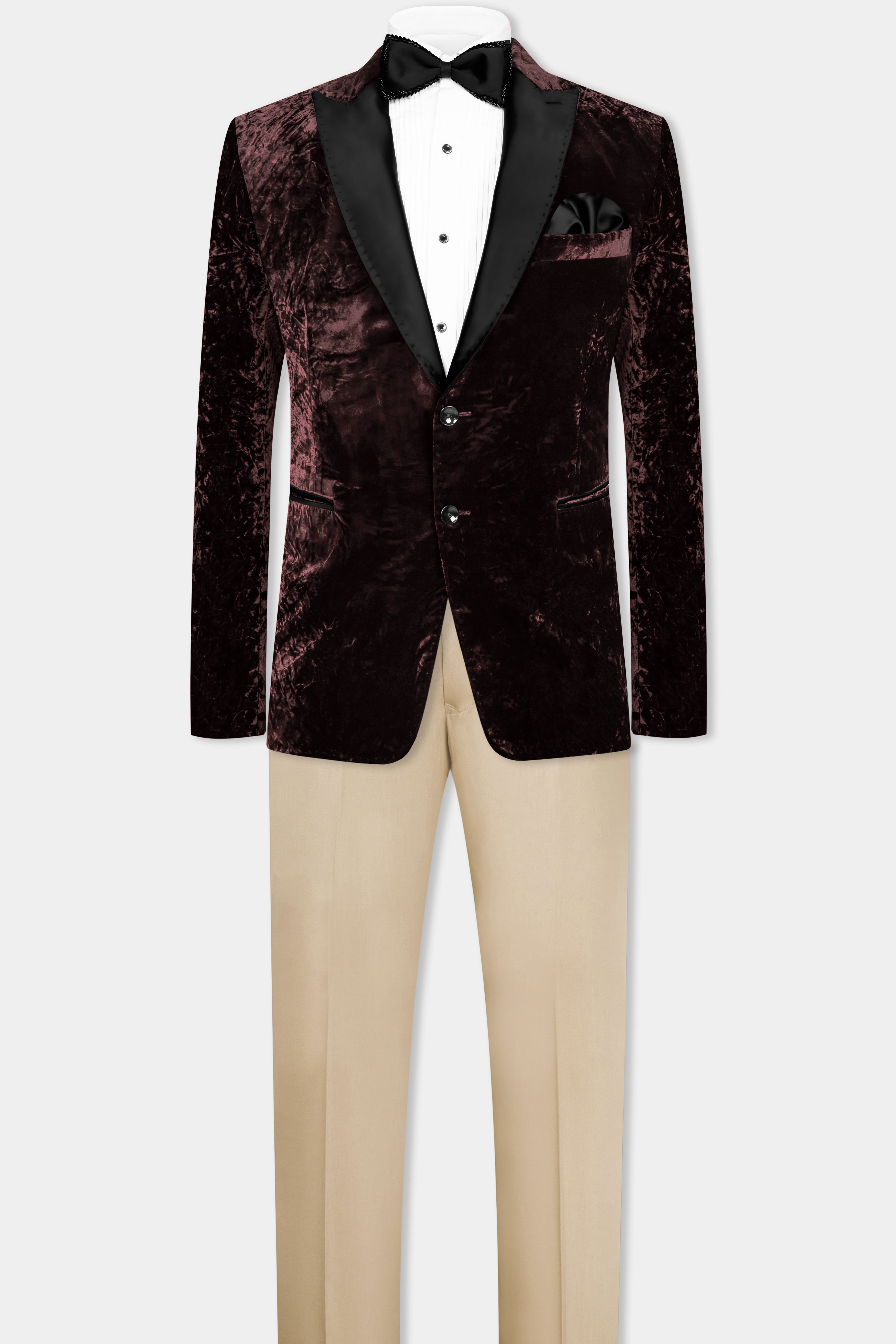 Asphalt Brown Crushed Velvet Peak Collar Tuxedo Suit