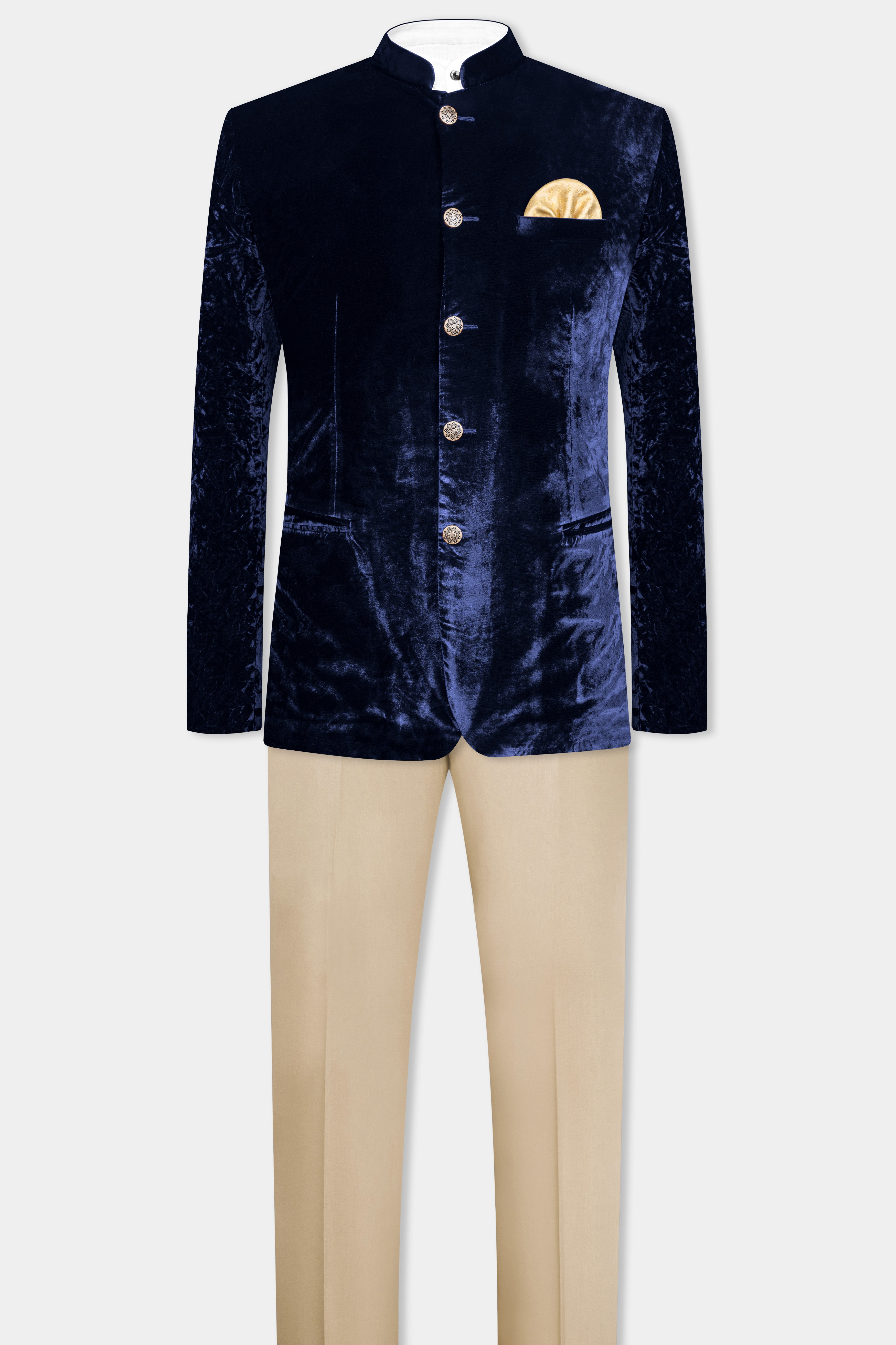 Ebony Blue Crushed Velvet Bandhgala Suit