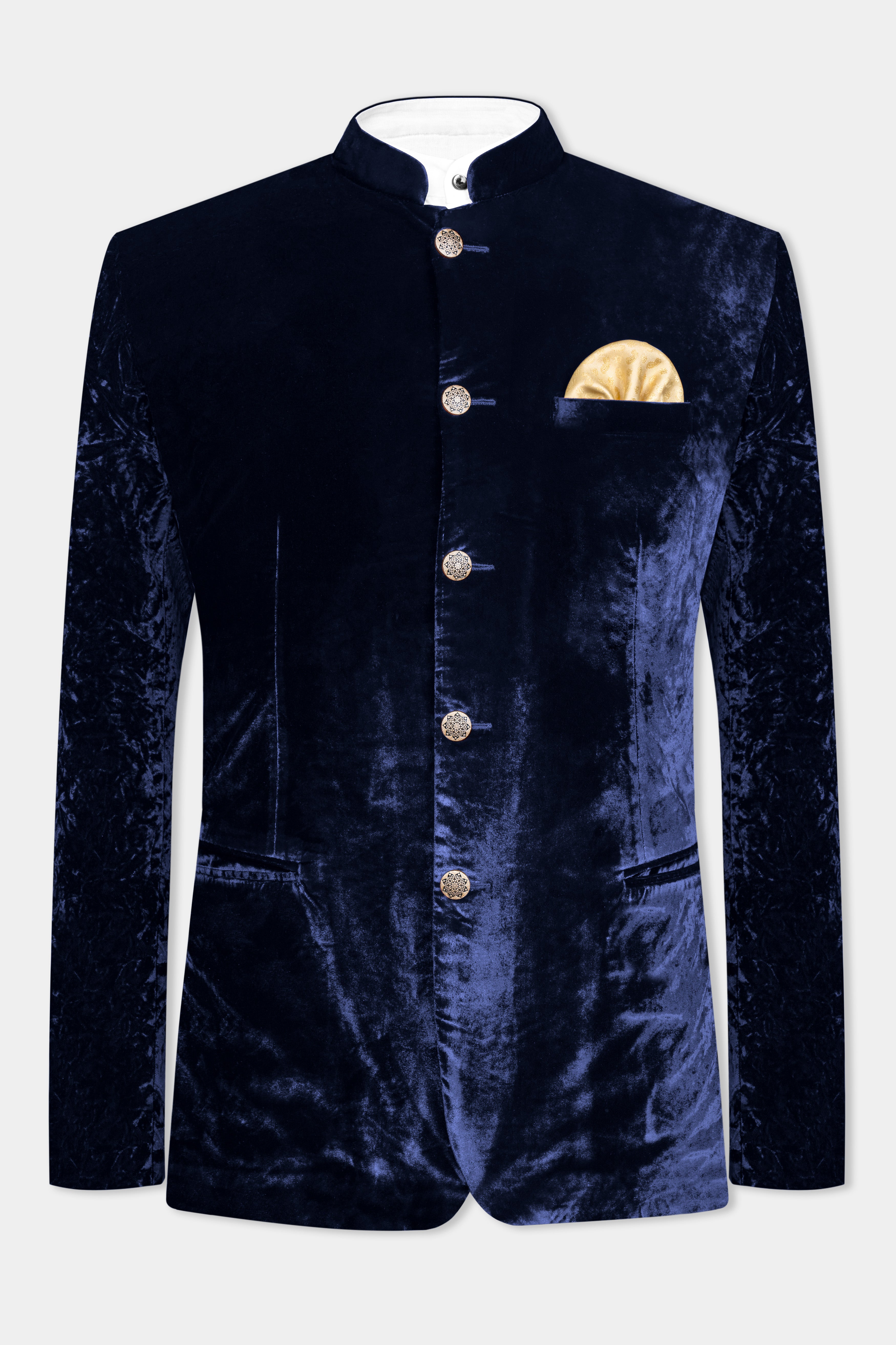 Ebony Blue Crushed Velvet Bandhgala Suit