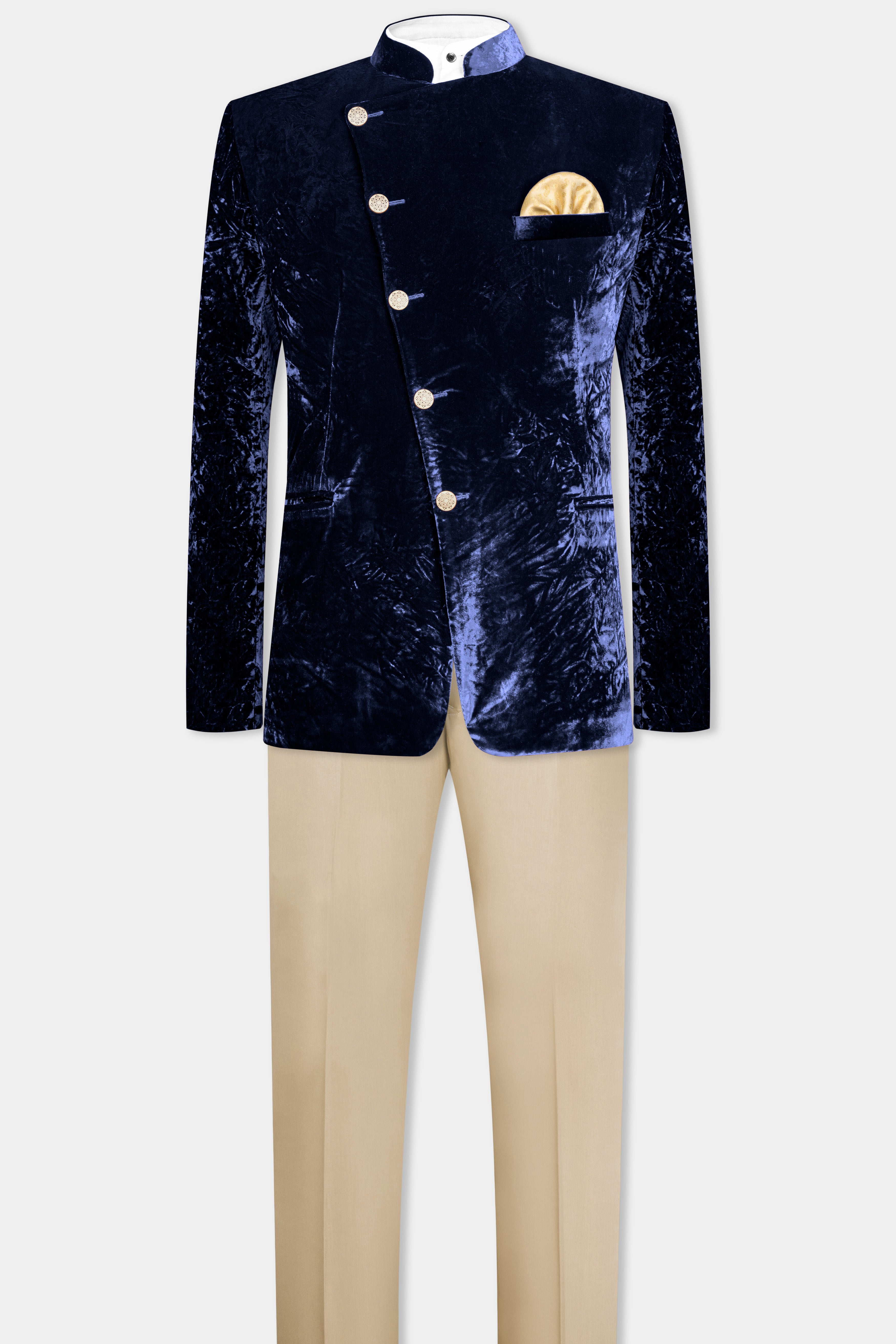 Ebony Blue Crushed Velvet Cross Placket Bandhgala Suit