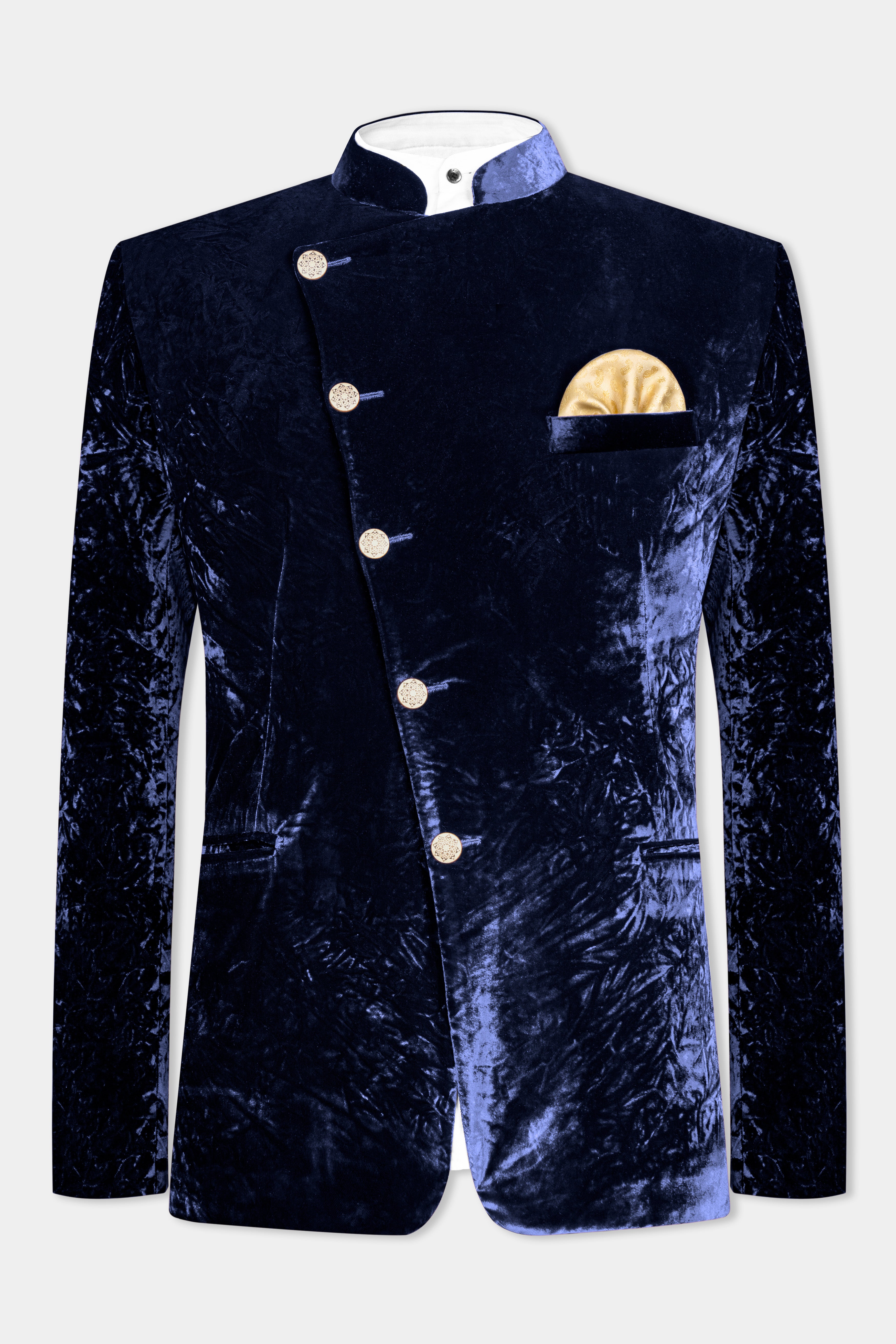 Ebony Blue Crushed Velvet Cross Placket Bandhgala Suit