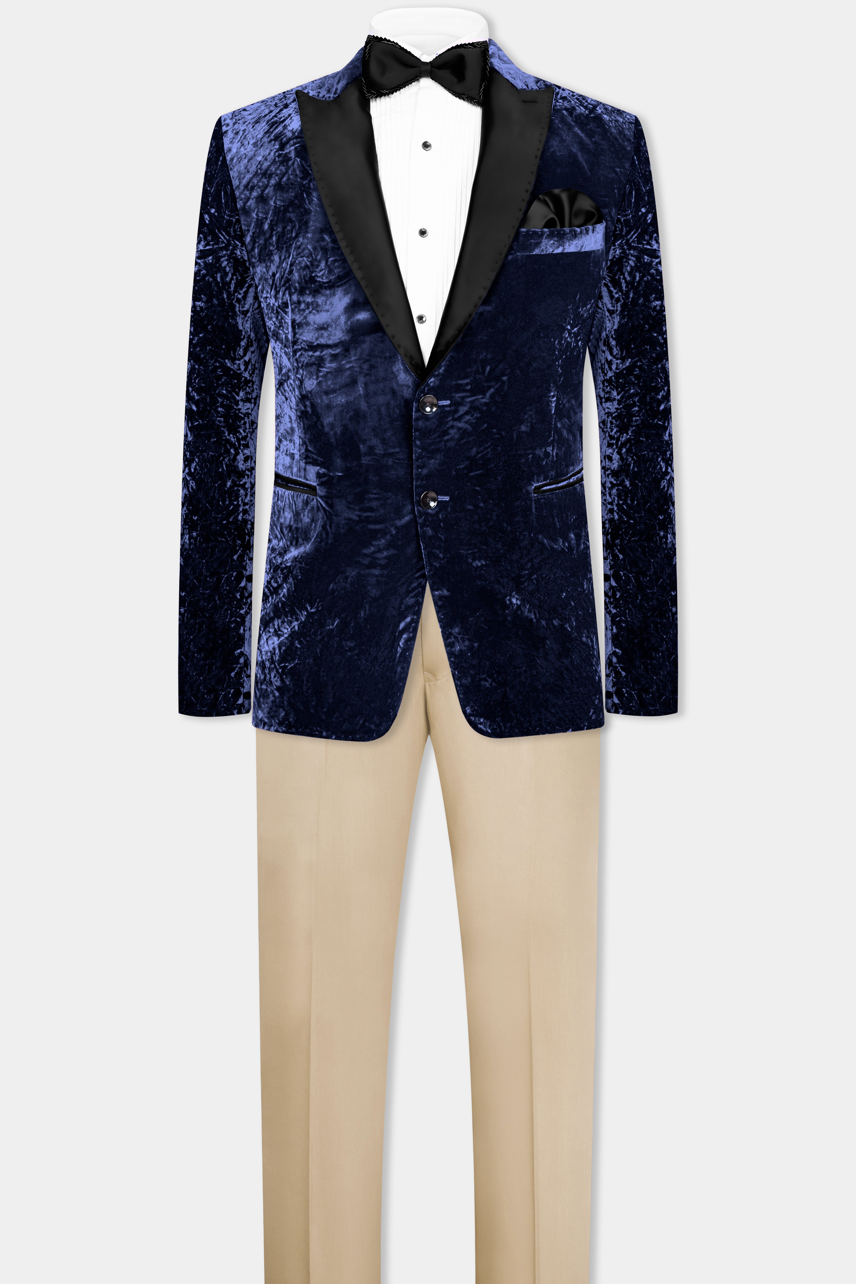 Ebony Blue Crushed Velvet Peak Collar Tuxedo Suit