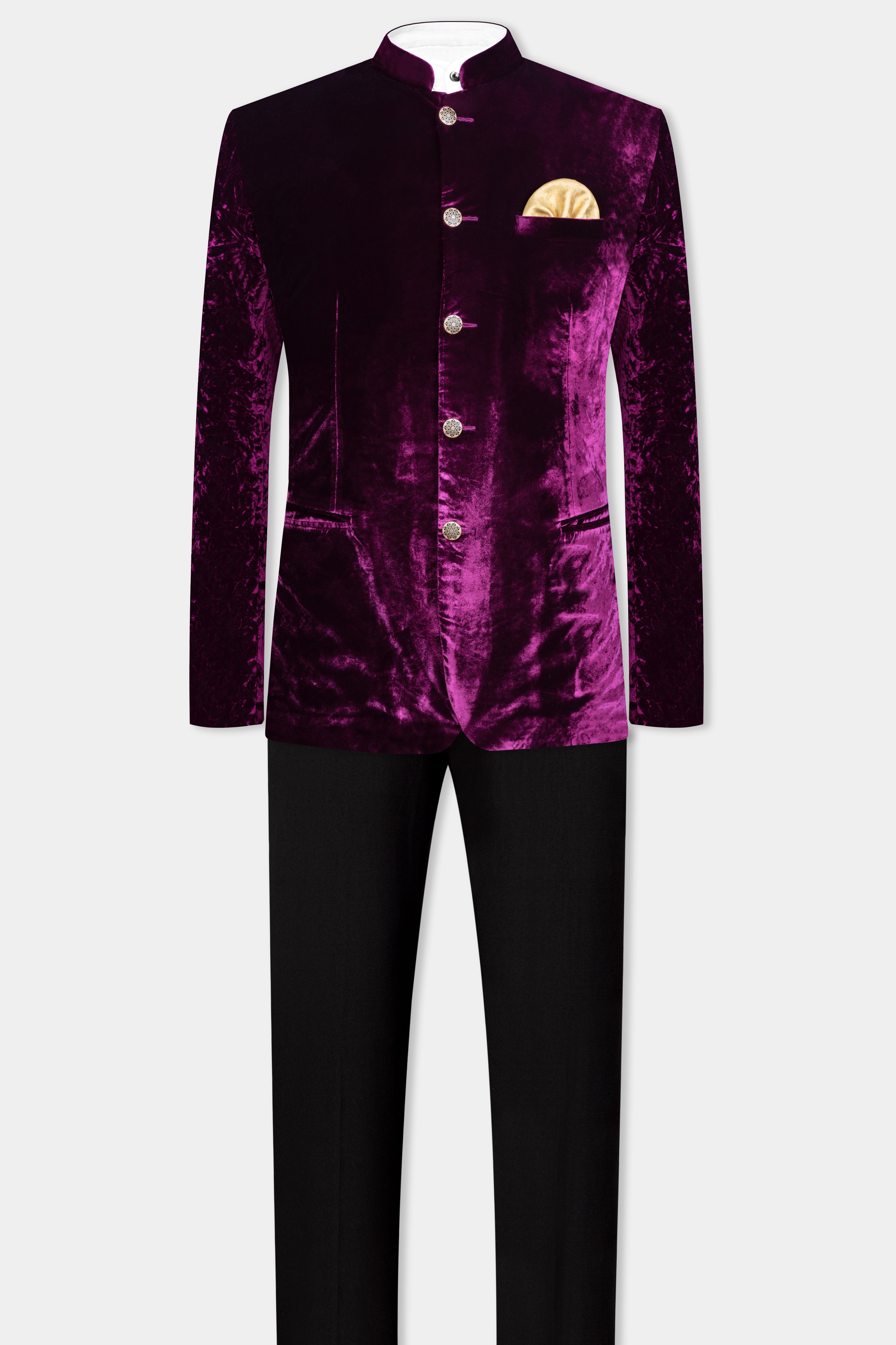 Melanzane Purple Crushed Velvet Bandhgala Suit