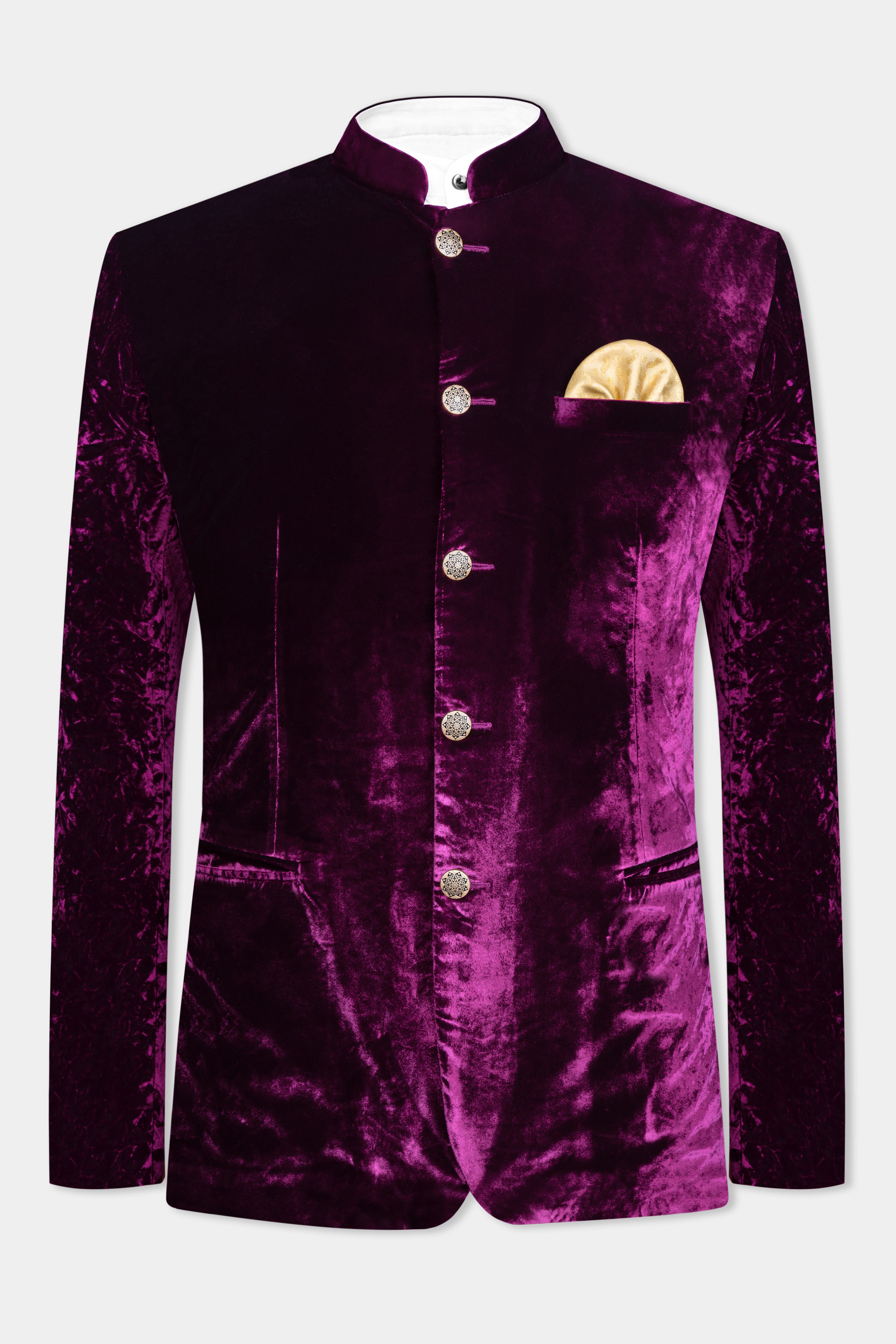 Melanzane Purple Crushed Velvet Bandhgala Suit