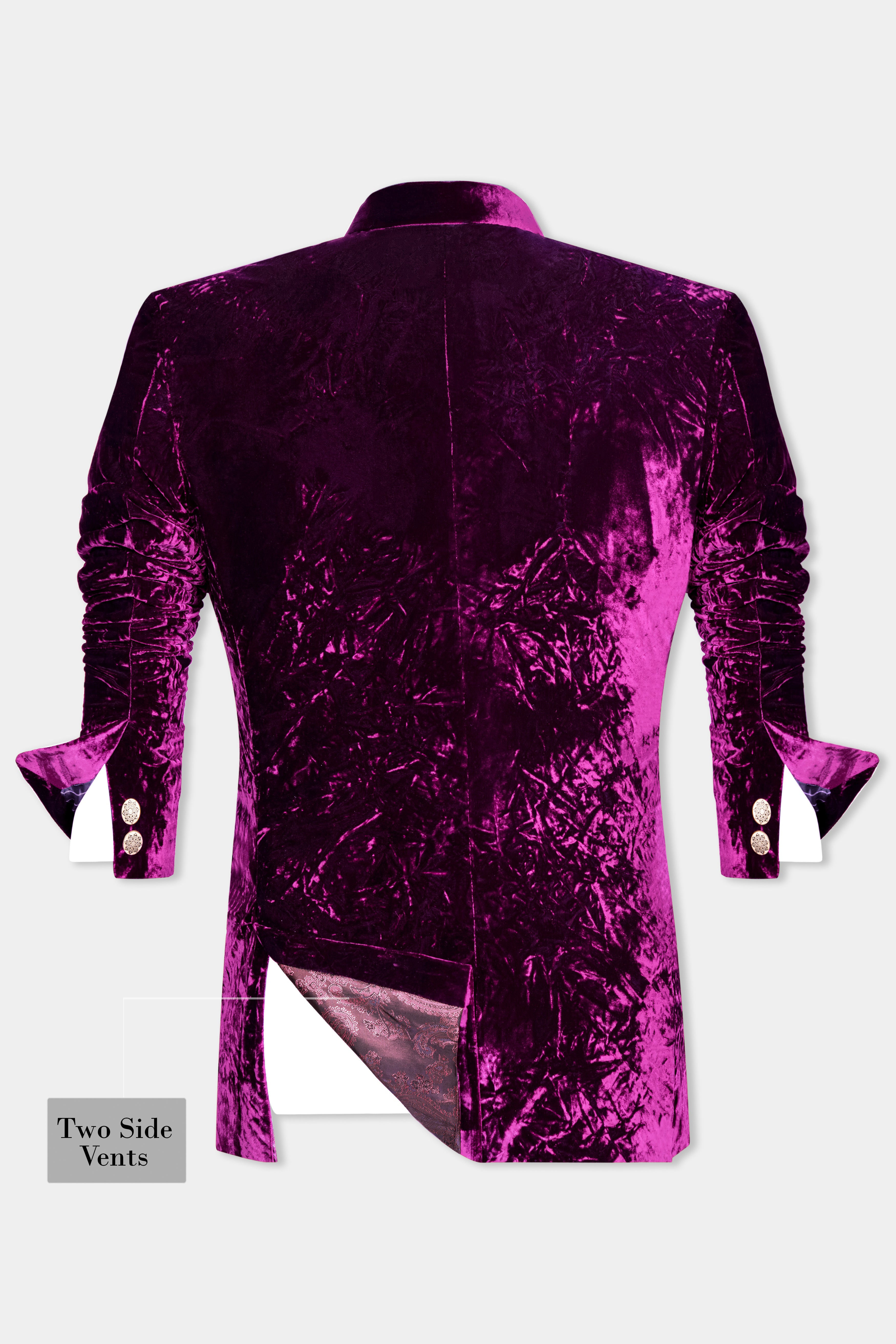 Melanzane Purple Crushed Velvet Cross Placket Bandhgala Suit