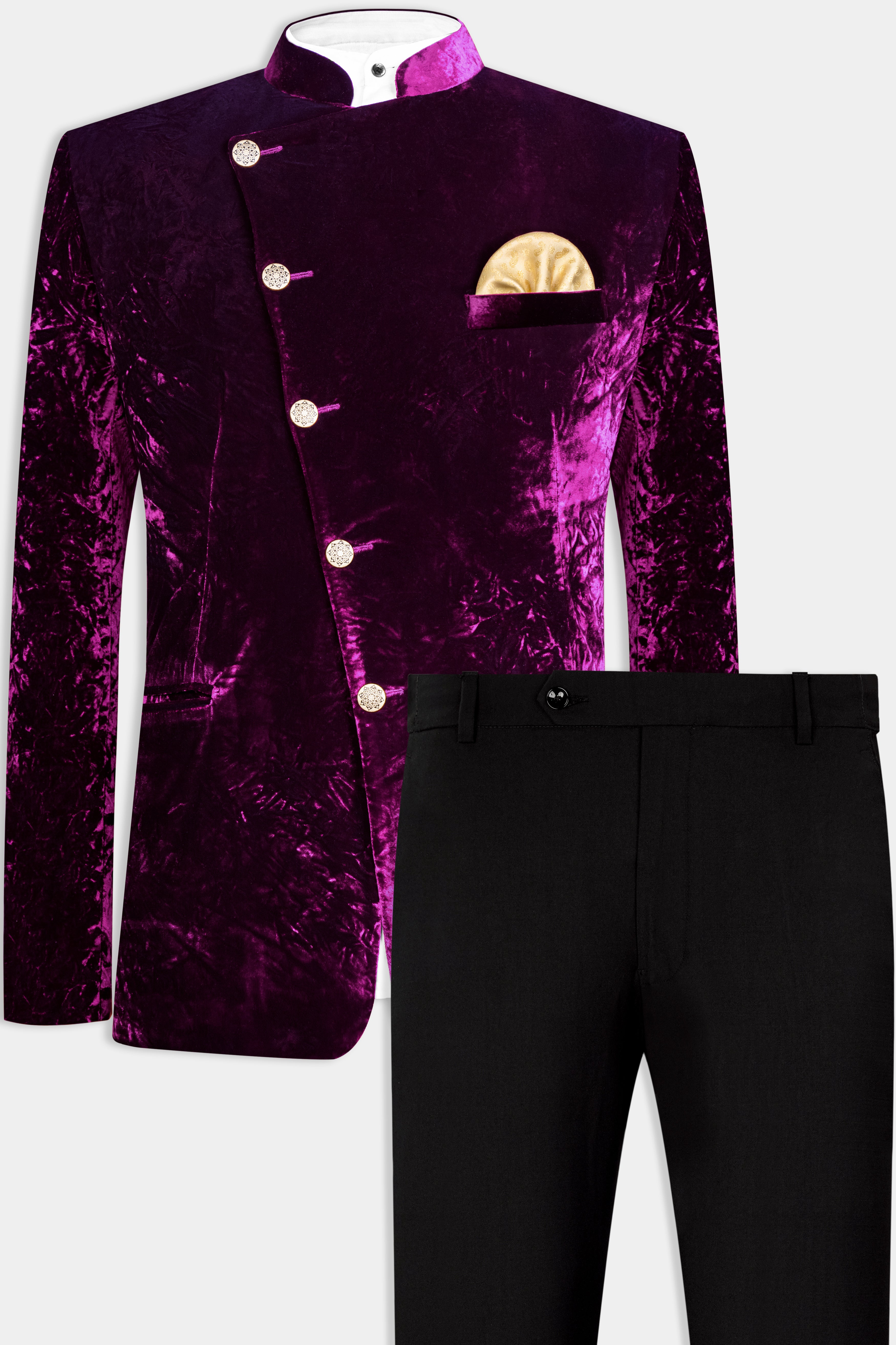 Melanzane Purple Crushed Velvet Cross Placket Bandhgala Suit