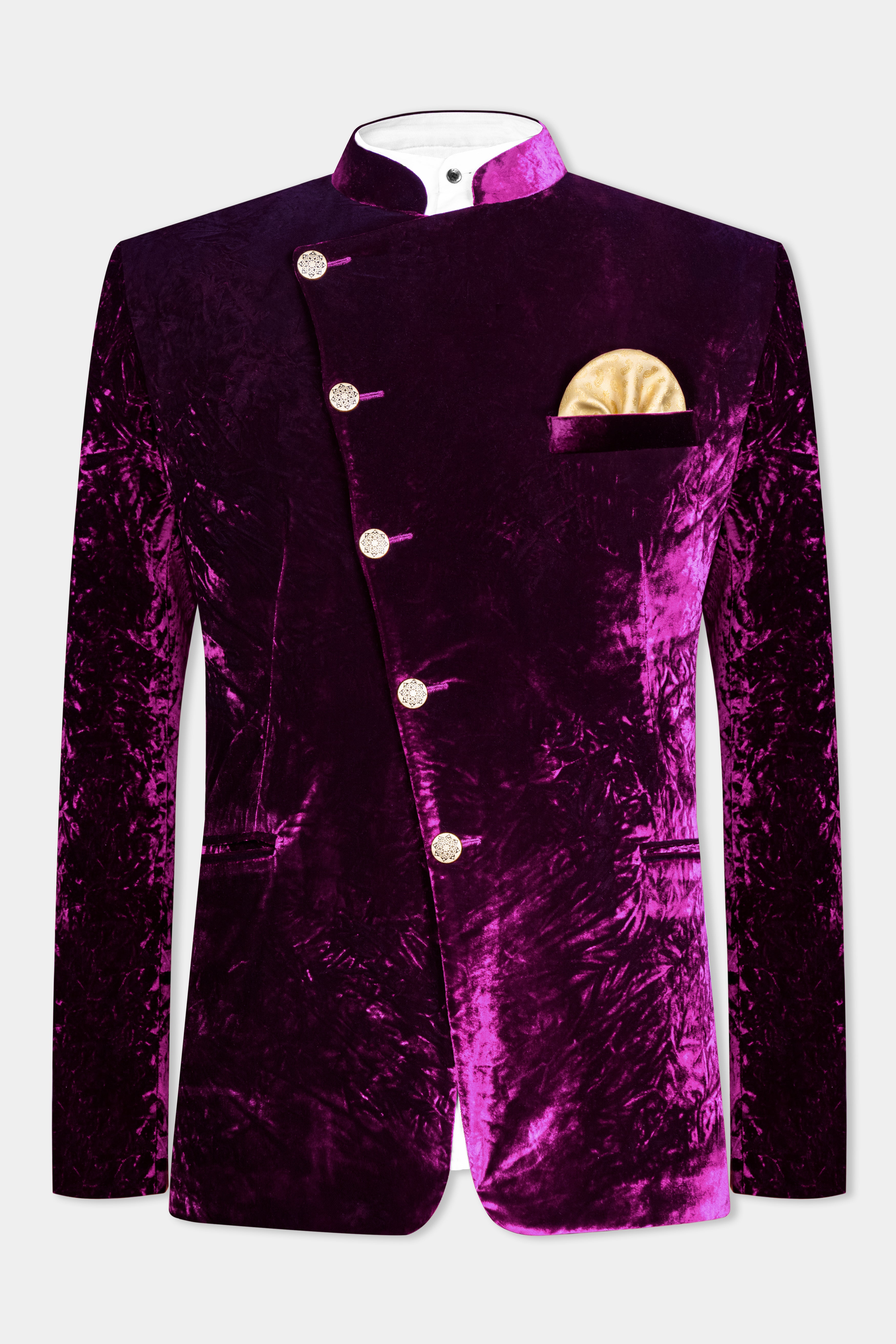 Melanzane Purple Crushed Velvet Cross Placket Bandhgala Suit