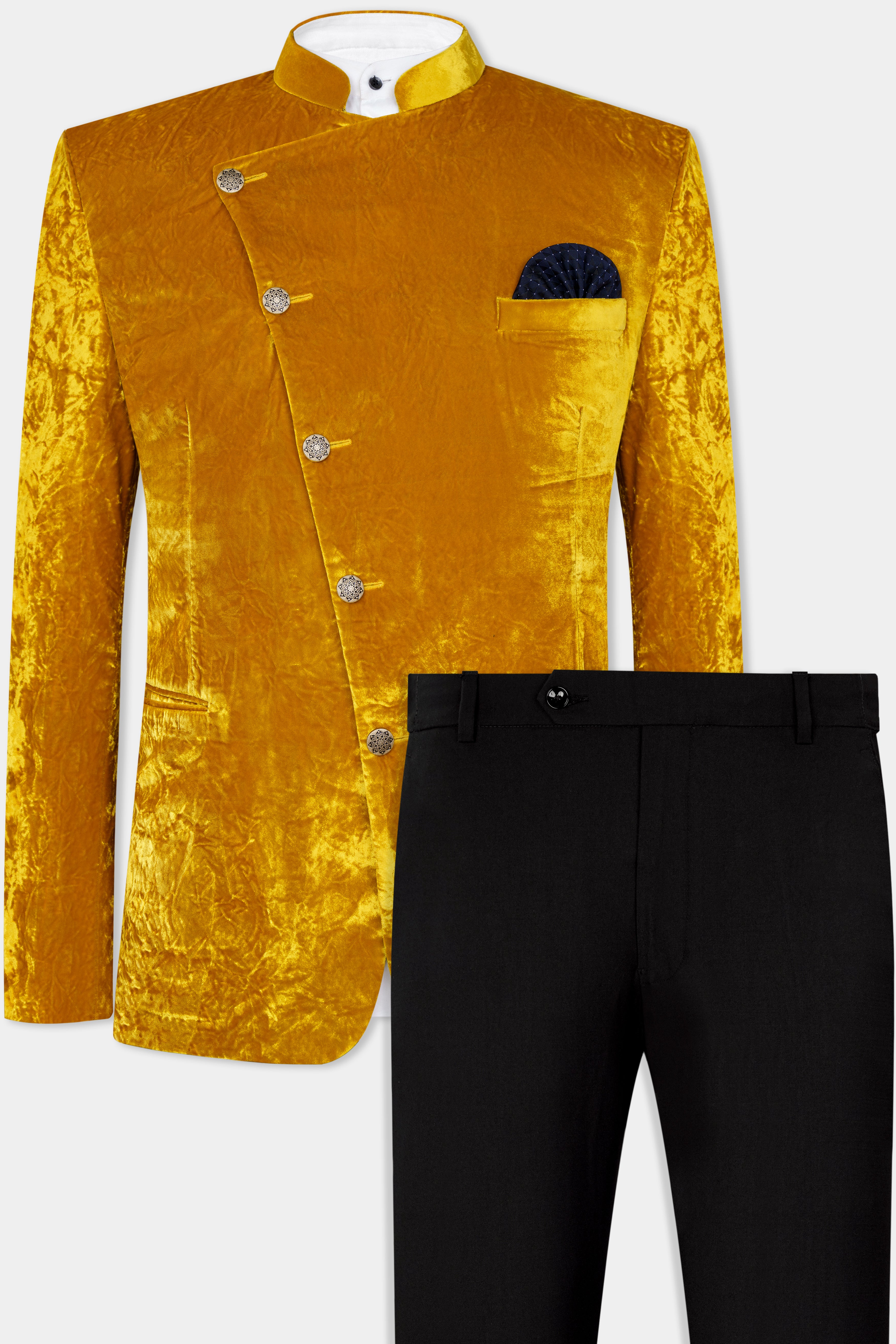 Gamboge Yellow Crushed Velvet Cross Placket Bandhgala Suit