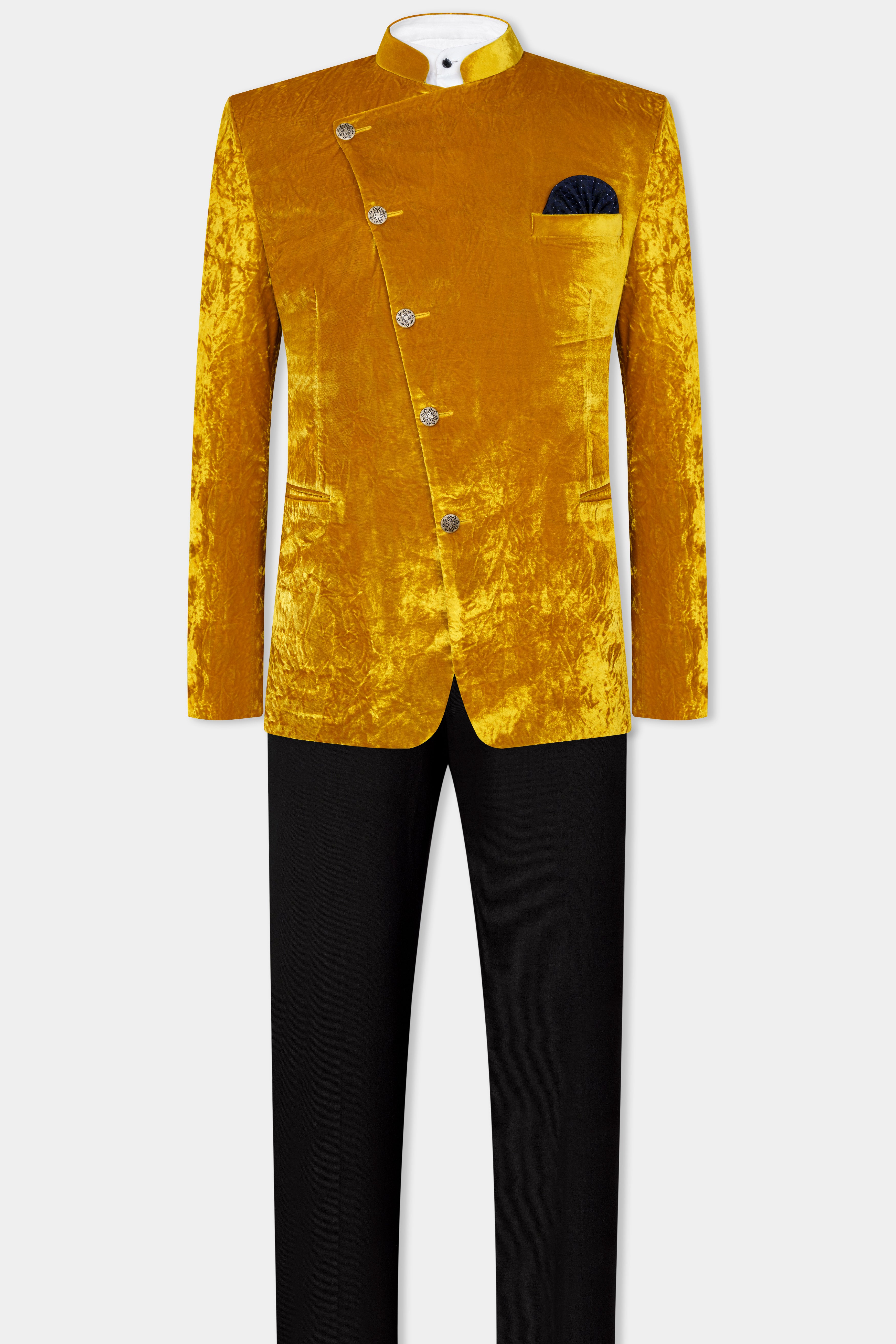 Gamboge Yellow Crushed Velvet Cross Placket Bandhgala Suit