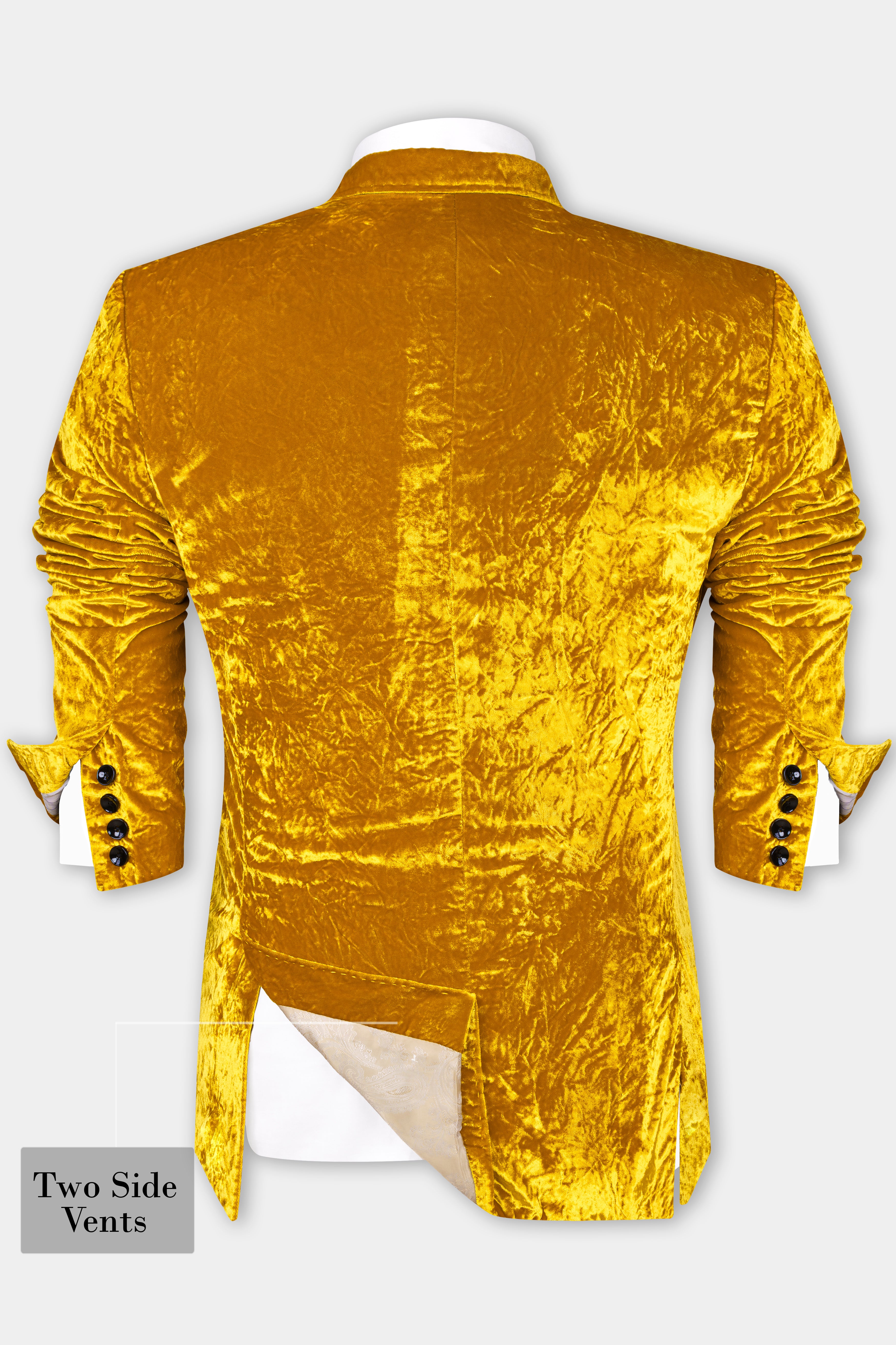 Gamboge Yellow Crushed Velvet Peak Collar Tuxedo Suit