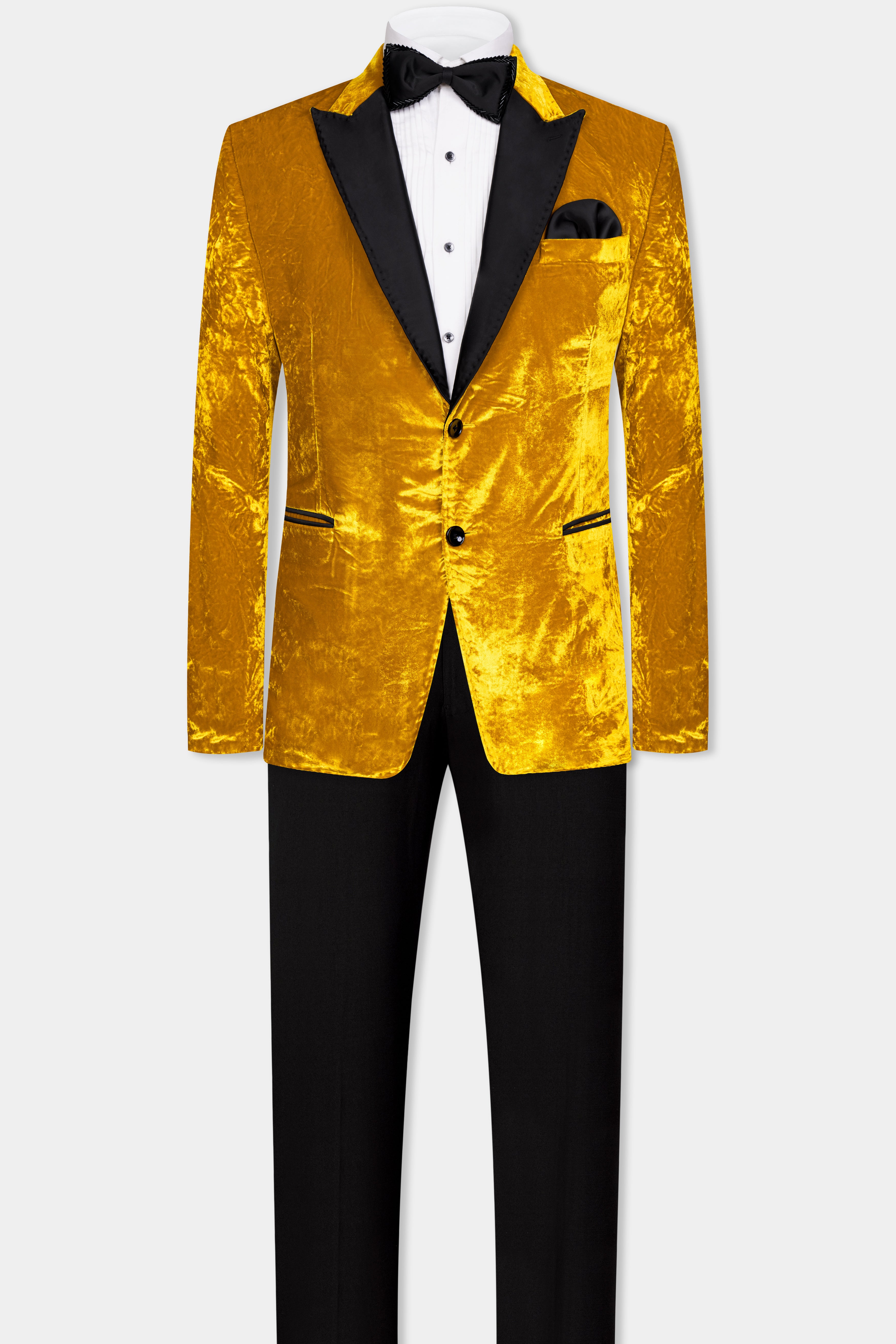 Gamboge Yellow Crushed Velvet Peak Collar Tuxedo Suit