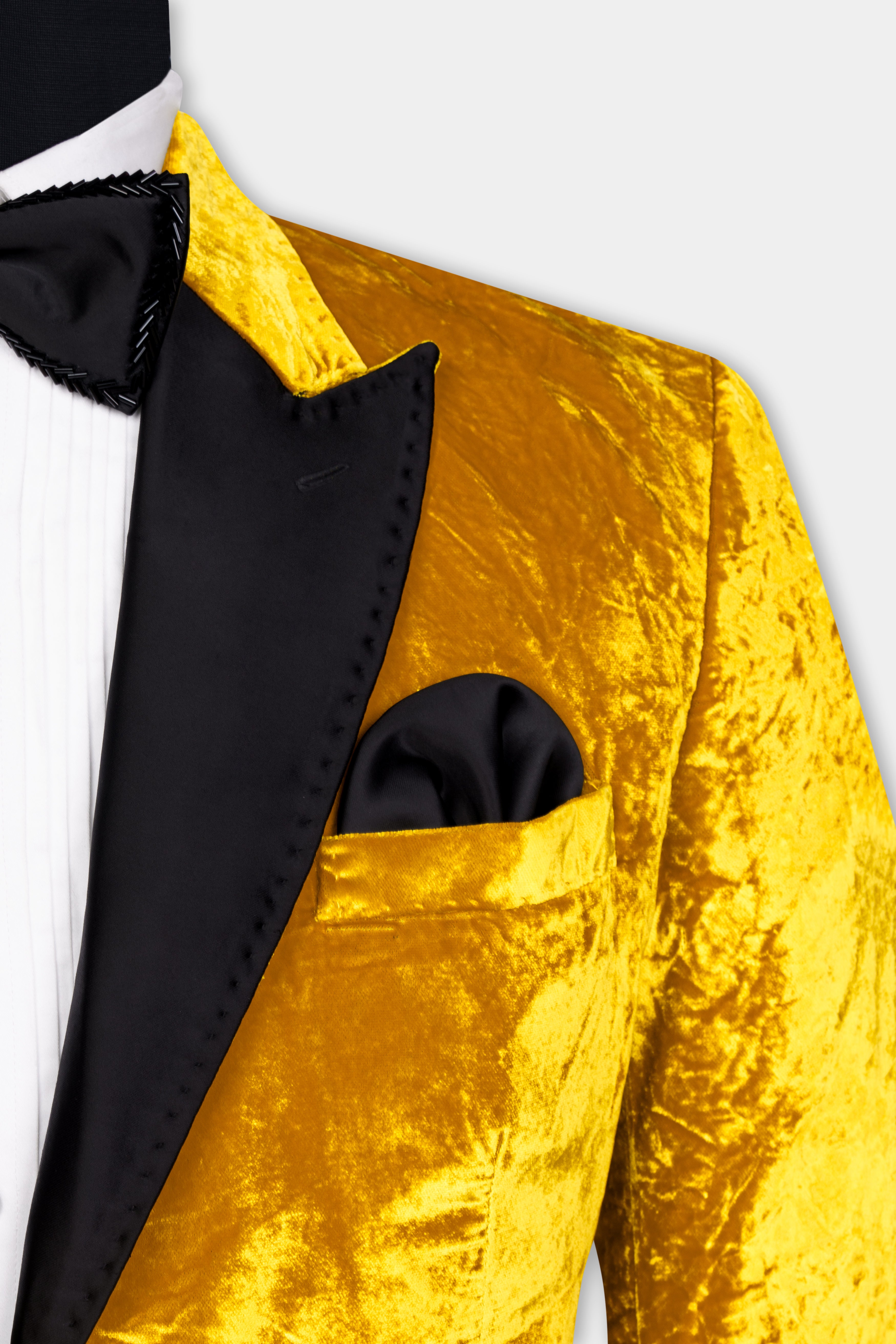 Gamboge Yellow Crushed Velvet Peak Collar Tuxedo Suit