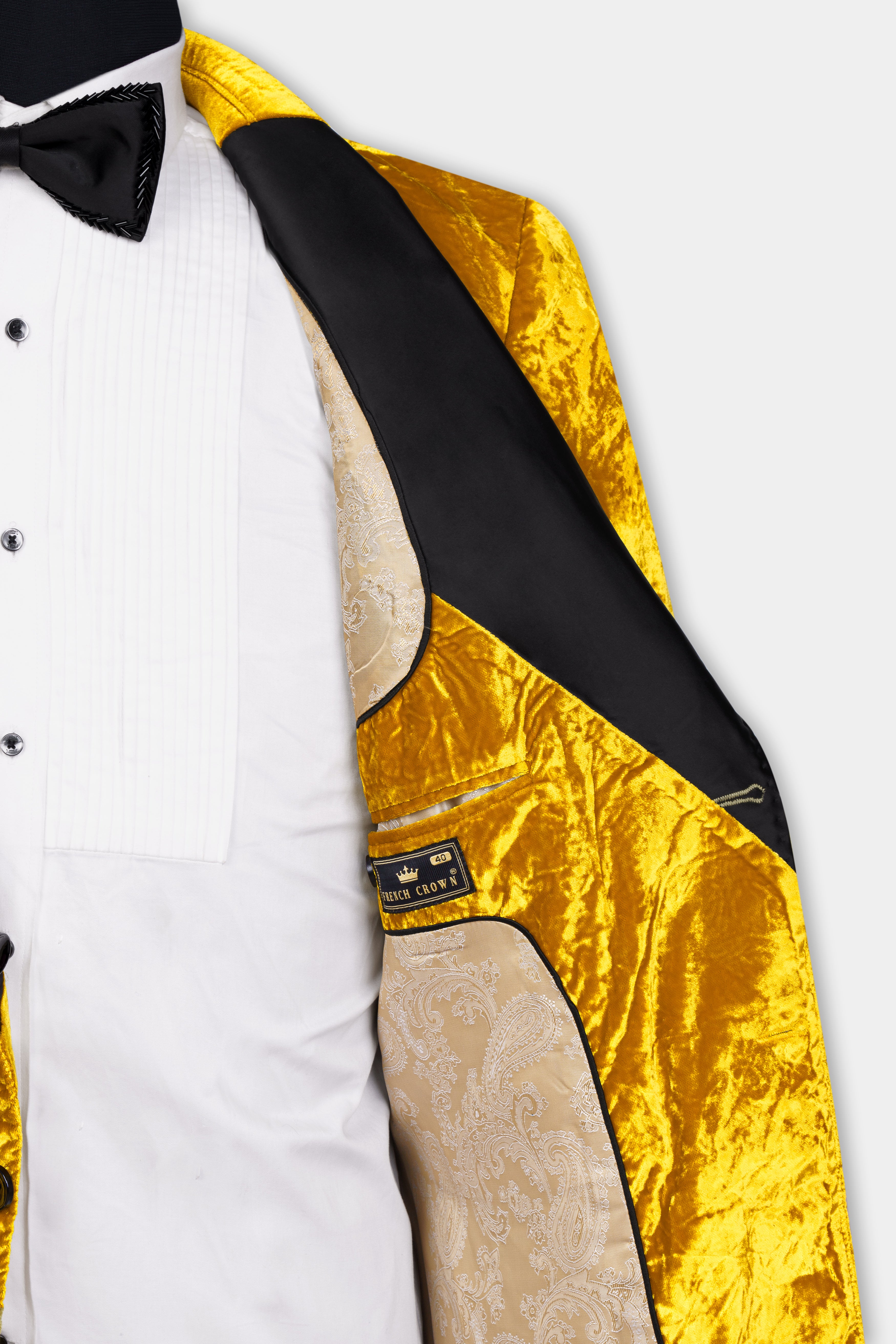 Gamboge Yellow Crushed Velvet Peak Collar Tuxedo Suit