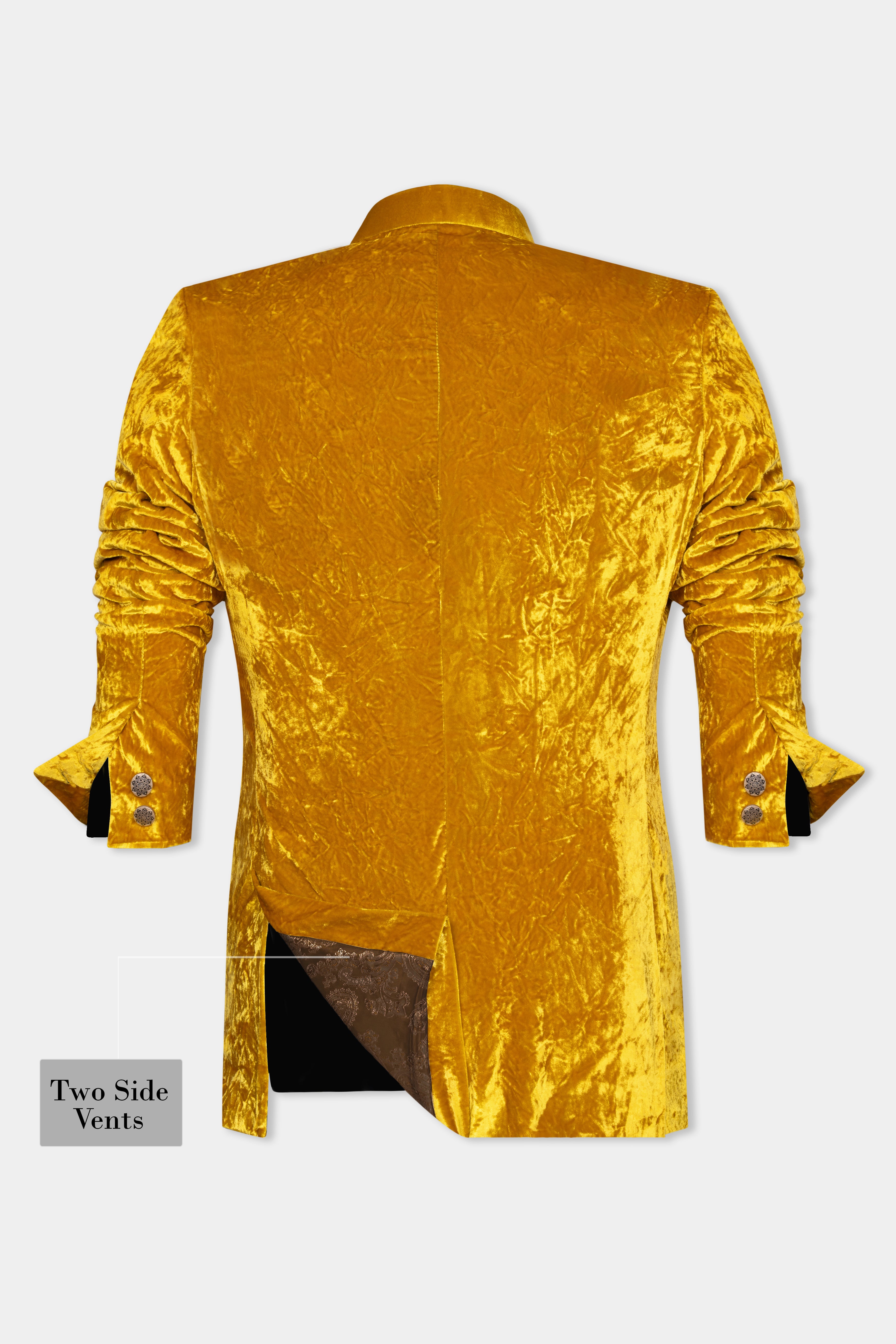 Gamboge Yellow Crushed Velvet Bandhgala Suit