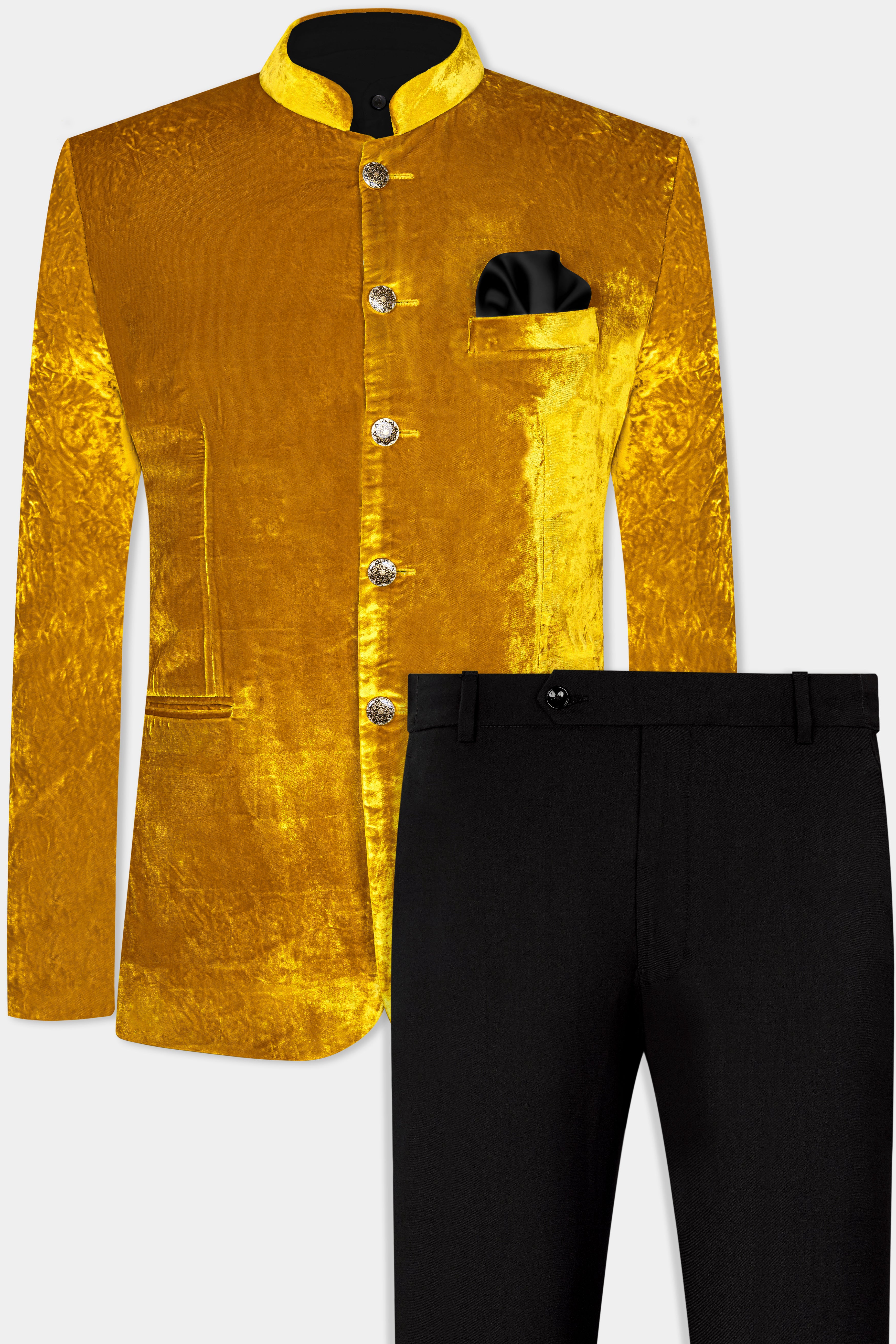 Gamboge Yellow Crushed Velvet Bandhgala Suit